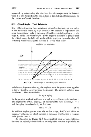 §37-5 CRITICAL ANGLE. TOTAL REFLECTION 693
measured by determining the distance the microscope must be lowered
when it is first focused on the top surface of the slide and them focused on
the bottom surface of the slide.
37-5 Critical Angle. Total Reflection
A ray of light traveling from a region of high refractive index n2 to a region
of low refractive index nl may penetrate the surface of separation and
enter the medium 1 only if the angle of incidence cP2 is less than a certain
angle cPc, called the critical angle. If the angle of incidence is greater than
the critical angle, the light will not be able to penetrate the surface but will
be totally reflected back into medium 2. From Snell's law
nl sin cPl = n2 sin cP2'
Fig. 37-9 Critical angle of refraction; total reflection.
and since n2 is greater than nI, the angle cPl must be greater than cP2; that
is, the ray is refracted away from the normal. The greatest value cPl may
have is 90°. Thus we find that
sin cP2 = ndn2
for the greatest angle of incidence at which a ray will emerge in medium 1.
This angle is the critical angle cPc. In case air is the rarer medium, nl = 1,
and, dropping the subscript 2, we find that
sin cPc = lin. (37-10)
At incident angles greater than the critical angle, Snell's law yields an
imaginary solution, for which the sine of the angle of refraction is required
to be greater than 1.
As illustrated in Figure 37-9, light incident upon a plane interface
between an optically dense and an optically rare medium is partially re-
 