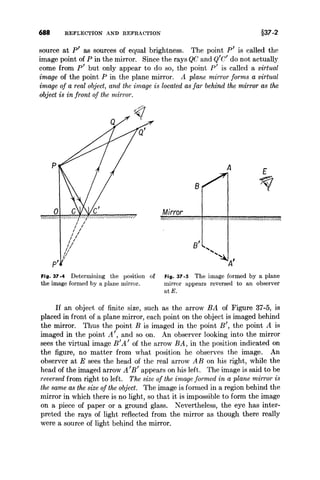 688 REFLECTION AND REFRACTION §37-2
source at p' as sources of equal brightness. The point P' is called the
image point of P in the mirror. Since the rays QC and Q'C' do not actually
come from P' but only appear to do so, the point pi is called a virtual
image of the point P in the plane mirror. A plane mirror forms a virtual
image of a real object, and the image is located as far behind the mirror as the
object is in front of the mirror.
p
/ /
I I
, /
, I
, I
, I
I I
/ I
I I
/
p'
A
B
Mirror
B' ............
A'
Fig. 37 -4 Determining the position of
the image formed by a plane mirror.
Fig. 37-5 The image formed by a plane
mirror appears reversed to an observer
atE.
If an object of finite size, such as the arrow BA of Figure 37-5, is
placed in front of a plane mirror, each point on the object is imaged behind
the mirror. Thus the point B is imaged in the point B', the point A is
imaged in the point A', and so on. An observer looking into the mirror
sees the virtual image B'A' of the arrow BA, in the position indicated on
the figure, no matter from what position he observes the image. An
observer at E sees the head of the real arrow AB on his right, while the
head of the imaged arrow A'B' appears on his left. The image is said to be
reversed from right to left. The size of the image formed in a plane mirror is
the same as the size of the object. The image is formed in a region behind the
mirror in which there is no light, so that it is impossible to form the image
on a piece of paper or a ground glass. Nevertheless, the eye has inter-
preted the rays of light reflected from the mirror as though there really
were a source of light behind the mirror.
 