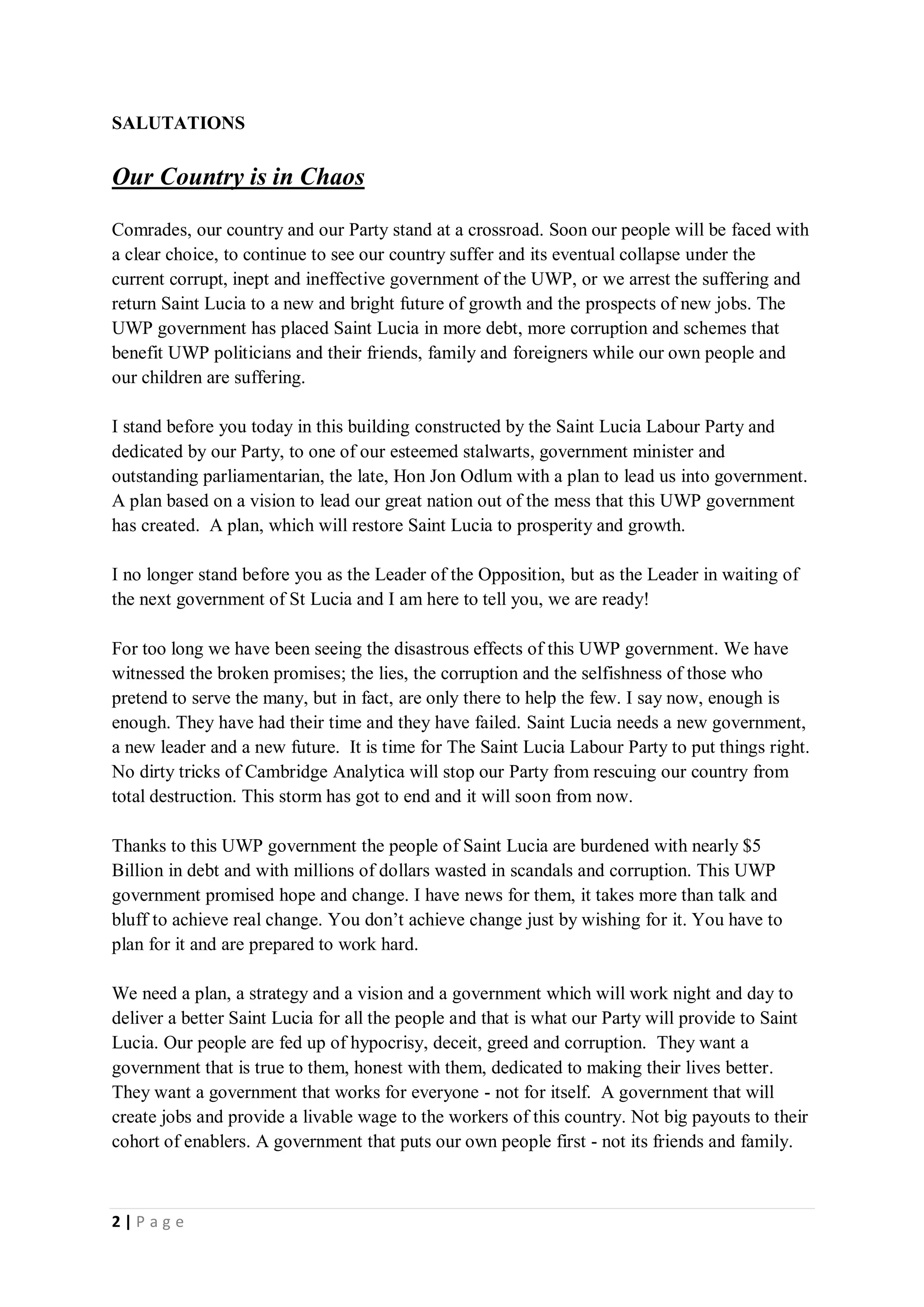 Full text address by political leader of the Saint Lucia Labour Party Hon  Philip J Pierre to the open session of 2019 conference of delegates (open  session) | PDF