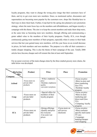 loyalty programs, they want to change the wrong price image that their customers have of
    them, and try to get even more new members. Since, as mentioned earlier, discounters and
    supermarkets are becoming more popular by the customers now, shops like Hemköp have to
    find ways to draw them back. Further, Coop had for the spring also planned a new promotion
    strategy, where the main focus lays on the members and affordableness, and began recently a
    campaign with this theme. The aim is to keep the current members and make them shop more,
    at the same time as becoming more new members, through offering and communicating a
    grater added value to the members of their loyalty programs. Finally, ICA, even though
    continuously getting more members of their program, especially when it comes to their bank
    services that last year gained many new members, will this year focus on an overall decrease
    in prices, for both members and non members. The purpose is to offer all their customers a
    totally cheaper shopping. This is also the theme of their campaign of the year. Totally 2000
    articles have become cheaper and will remain like that at least until September.



    For an easier overview of the main changes done by the three studied grocery store chains, the
    table below was developed.



     Marketing           Product                Price                  Place               Promotion
         Mix
Company
                                         - Willys: emphasize                           -Focus on price
                   -Focus more on        price                                         -More in-store and
    Axfood         private label         -Hemköp: emphasize                            direct marketing
                   products              quality                                       (less TV)
                                         -cut costs=cut prices
                                                                                       -Hemköp: loyalty
                                                                                       program
                                         - Special offers for                          -Focus on price
                   -Focus more on        members of their                              -More in-store
    Coop           private label         loyalty program                               marketing and
                   products                                                            direct mail (less
                                                                                       TV)
                                                                                       -Campaing: loyalty
                                                                                       program
                                         -Strong offerings       -Focus more on        -Focus on price
                   -Focus more on        -Quality and price      self service          -More customer
     ICA           private label         for everyone            checkouts             specific mail (same
                   products              -Cut costs=cut                                TV etc)
                                         prices                                        -Campaign:
                                                                                       banking/cheaper
                                                                                       total shopping


                                                                                                 34
 