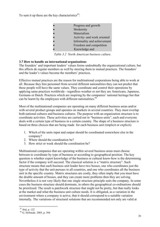 26
To sum it up these are the key characteristics65
:
Table 3.2 North American business culture.
3.7 How to handle an international organizations
The founders’ and important leaders’ values forms undoubtedly the organizational culture, but
this affects de regular members as well by steering them to mutual practices. The founders’
and the leader’s values become the members’ practices.
Effective mutual practices are the reason for multinational corporations being able to work at
all. Because they hire personnel from several different nationalities they can not predict that
these people will have the same values. They coordinate and control their operations by
applying same practices worldwide - regardless weather or not they are Americans, Japanese,
Germans or Dutch. Practices which are inspiring by the companies’ national heritage but that
can be learnt by the employees with different nationalities.66
Most of the multinational companies are operating on many different business areas and/or
with several product groups and operates on markets in several countries. They must overlap
both national cultures and business cultures. The purpose with an organization structure is to
coordinate activities. These activities are carried out in “business units”, each and everyone
deals with a certain type of business in a certain country. The shape of a business structure is
based on three choices that are being made for each business unit (implicit or explicit):
1. Which of the units input and output should be coordinated somewhere else in the
company?
2. Where should the coordination be?
3. How strict or week should the coordination be?
Multinational companies that are operating within several business areas must choose
between to coordinate by type of business or according to geographical position. The key
question is whether expert knowledge of the business or cultural know-how is the determining
factor if the company will succeed. The classical solution is a “matrix structure”. Such
structure means that each business unit leader have two bosses, one who coordinates just the
type of activity that the unit pursues in all countries, and one who coordinates all the business
unit in the specific country. Matrix structures are costly, they often imply that you must have
the double amount of bosses, and they can create more problems then they are solving.
Nevertheless it is not very likely that one single structure principle suits the company. In some
cases the business structure should dominate, in others the geographical co-ordinations should
be prioritized. The result is patchwork structure that might not be pretty, but that really looks
at the market and what the business unit culture needs. It is obligated, as a variation in the
environment where a company is active, that it should correspond to a suitable variation
internally. The variations of structural solutions that are recommended not only are valid at
65
ibid, p. 122
66
G. Hofstede. 2005, p. 304
• Progress and growth
• Modernity
• Materialism
• Activity- and work oriented
• Informality and achievement
• Freedom and competition
• Knowledge and
 