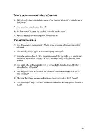 66
General questions about culture differences
33. Which benefits do you see in being aware of the existing culture differences between
the countries?
34. How important would you say that is?
35. Are there any differences that you find particular hard to accept?
36. Which differences are most important to be aware of?
Widespread questions
37. How do you see on management? (What it is and how great influence it has on the
outcome).
38. How would you say a typical Canadian company is managed?
39. Generally speaking, how is IKEA Canada managed? Do you find it to be a particular
uncanadian way to run a company? If yes, what are the main differences and if not,
why not?
40. How much is the difference in the way to work at IKEA Canada compared to the
national culture of Canada?
41. How do you find that IKEA solves the culture differences between Sweden and the
other countries?
42. What role does the government and the union has on the work at IKEA Canada?
43. How great impact do you feel the Canadian union have on the employment situation at
IKEA?
 