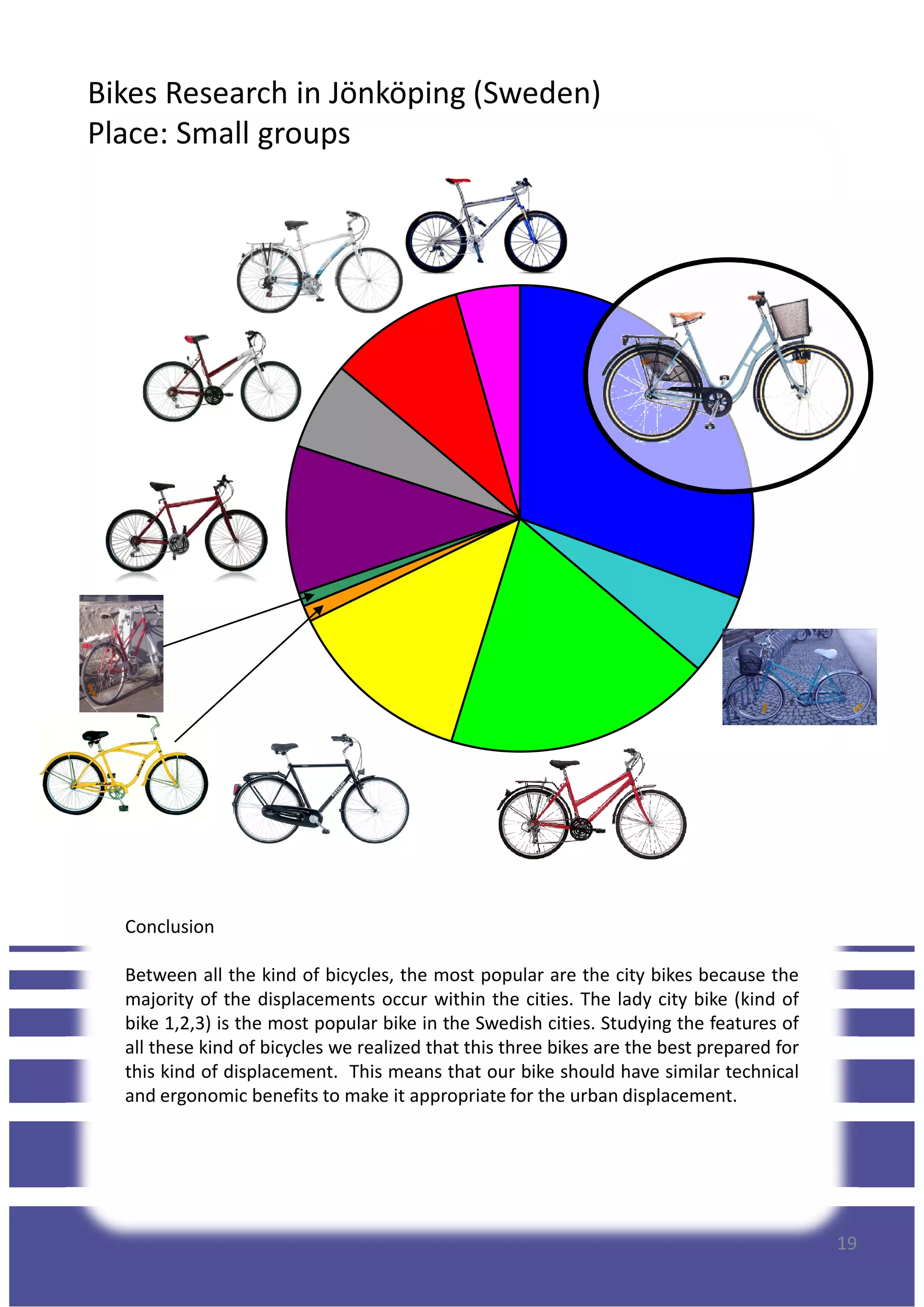 Bikes Research in Jönköping (Sweden)
Place: Small groups
19
Conclusion
Between all the kind of bicycles, the most popular are the city bikes because the
majority of the displacements occur within the cities. The lady city bike (kind of
bike 1,2,3) is the most popular bike in the Swedish cities. Studying the features of
all these kind of bicycles we realized that this three bikes are the best prepared for
this kind of displacement. This means that our bike should have similar technical
and ergonomic benefits to make it appropriate for the urban displacement.
 
