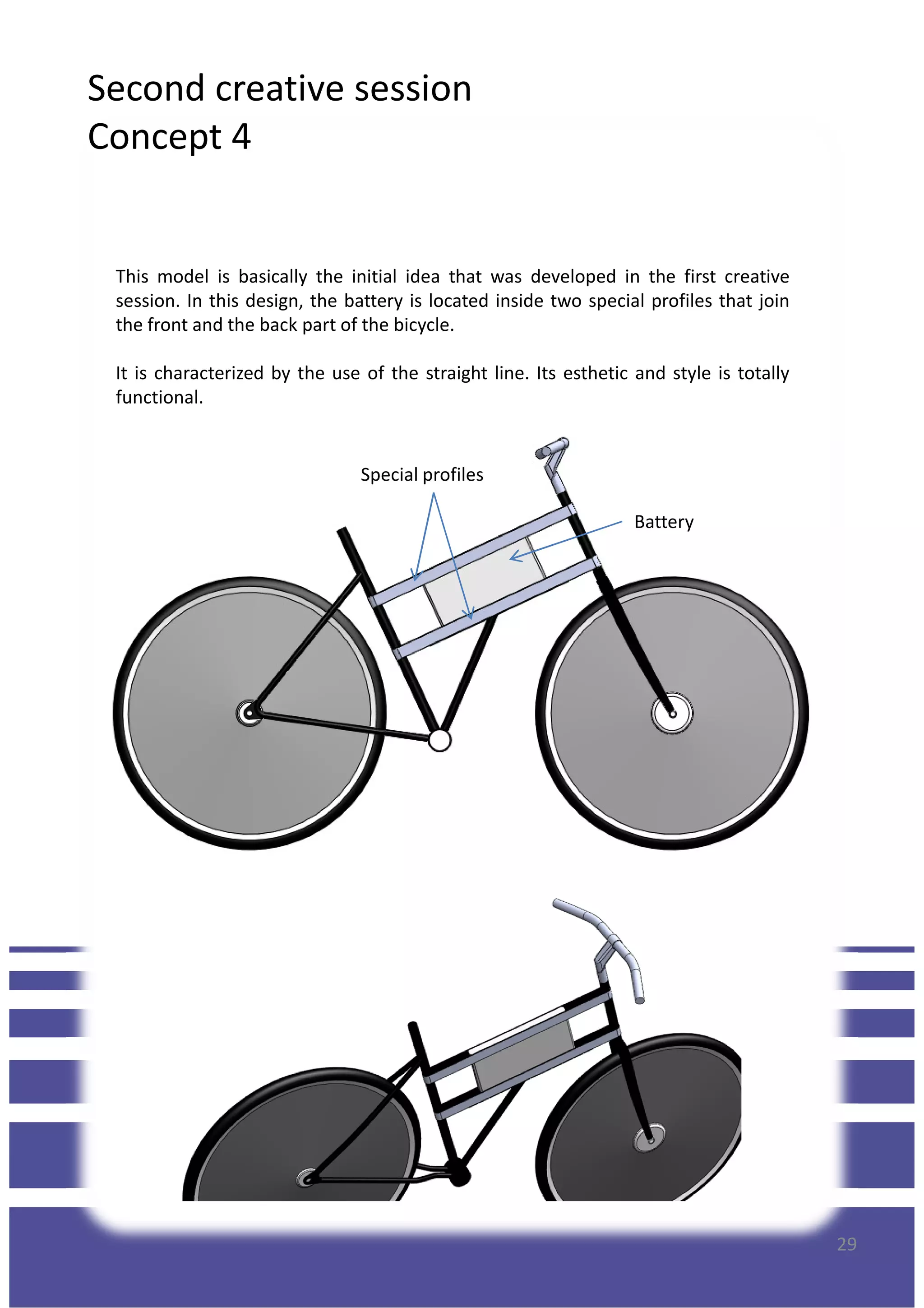 Second creative session
Concept 4
This model is basically the initial idea that was developed in the first creative
session. In this design, the battery is located inside two special profiles that join
the front and the back part of the bicycle.
It is characterized by the use of the straight line. Its esthetic and style is totally
functional.
Battery
Special profiles
29
 