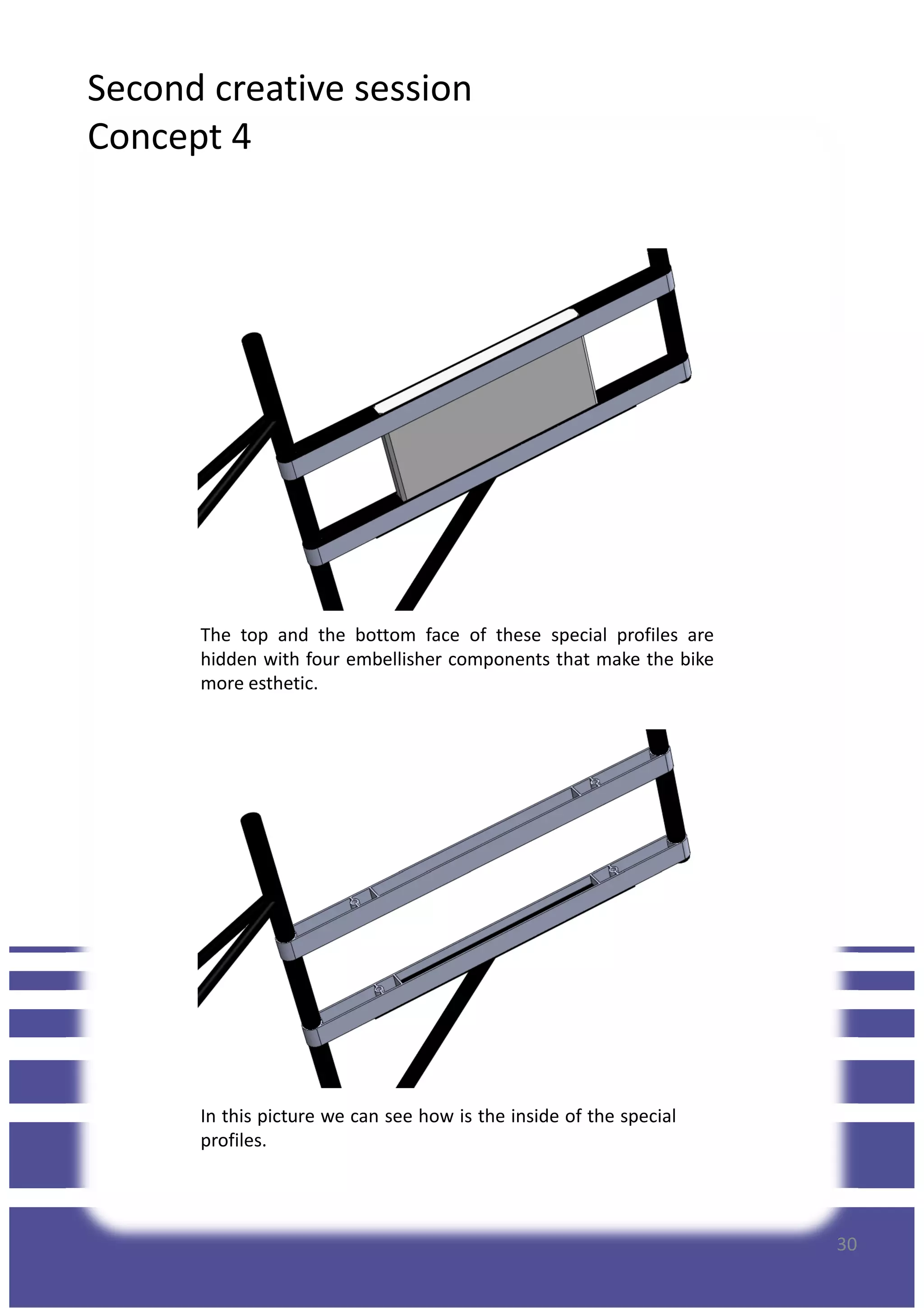 Second creative session
Concept 4
The top and the bottom face of these special profiles are
hidden with four embellisher components that make the bike
more esthetic.
30
In this picture we can see how is the inside of the special
profiles.
 