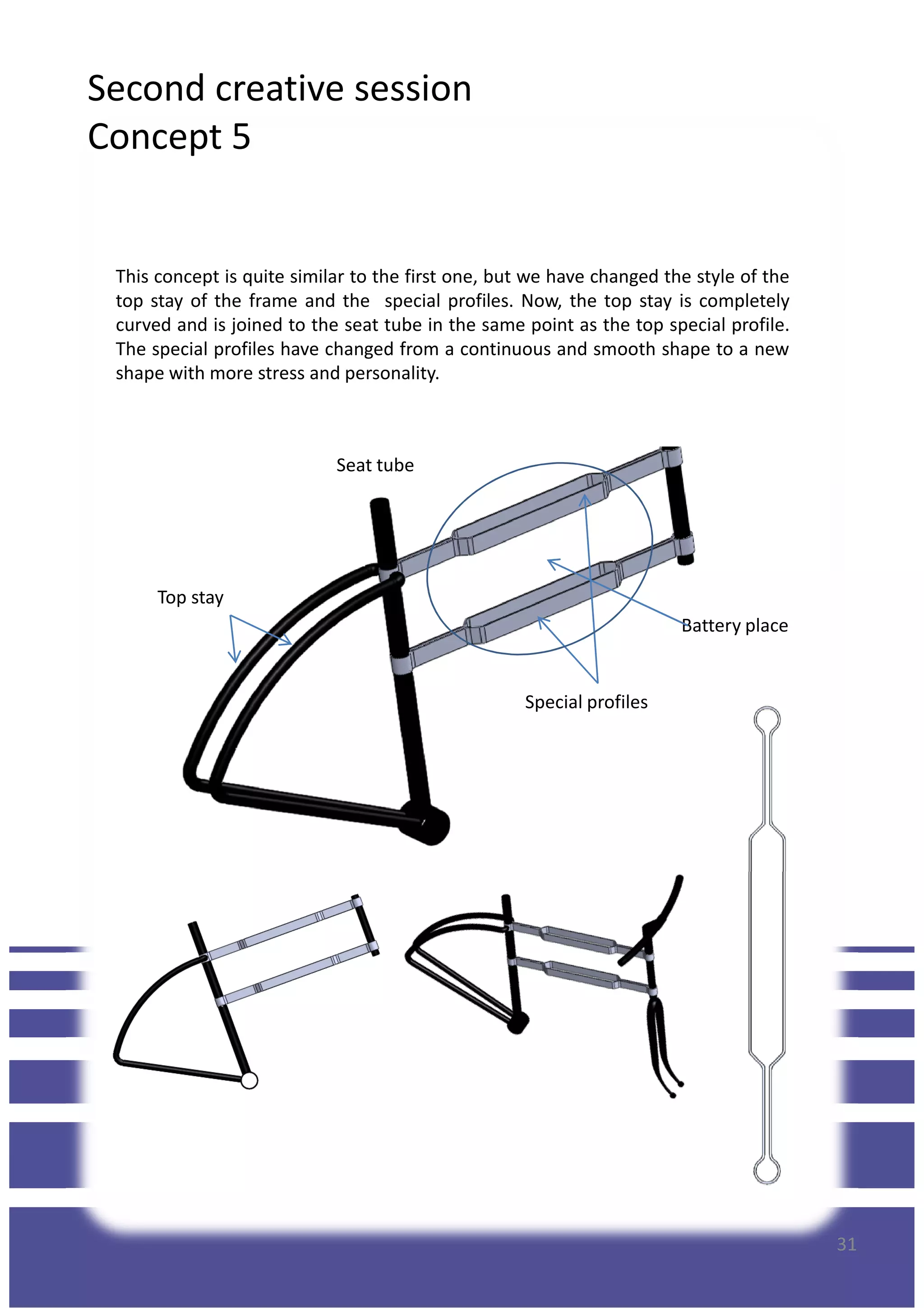 Second creative session
Concept 5
This concept is quite similar to the first one, but we have changed the style of the
top stay of the frame and the special profiles. Now, the top stay is completely
curved and is joined to the seat tube in the same point as the top special profile.
The special profiles have changed from a continuous and smooth shape to a new
shape with more stress and personality.
Special profiles
Top stay
Seat tube
Battery place
31
 
