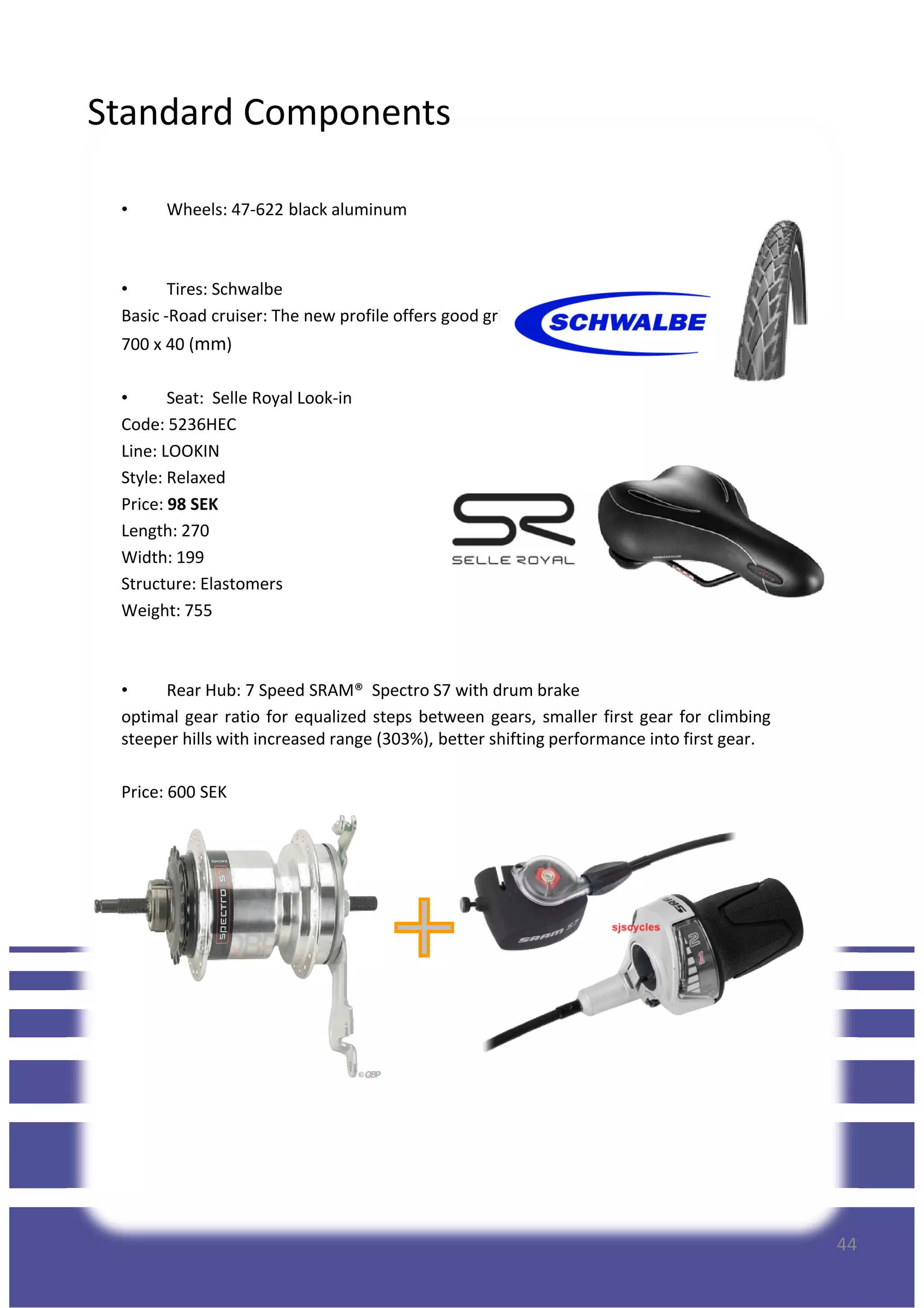 Standard Components
• Wheels: 47-622 black aluminum
• Tires: Schwalbe
Basic -Road cruiser: The new profile offers good grip and quiet running.
700 x 40 (mm)
• Seat: Selle Royal Look-in
Code: 5236HEC
Line: LOOKIN
Style: Relaxed
Price: 98 SEK
Length: 270
Width: 199
Structure: Elastomers
Weight: 755
• Rear Hub: 7 Speed SRAM® Spectro S7 with drum brake
optimal gear ratio for equalized steps between gears, smaller first gear for climbing
steeper hills with increased range (303%), better shifting performance into first gear.
Price: 600 SEK
44
 