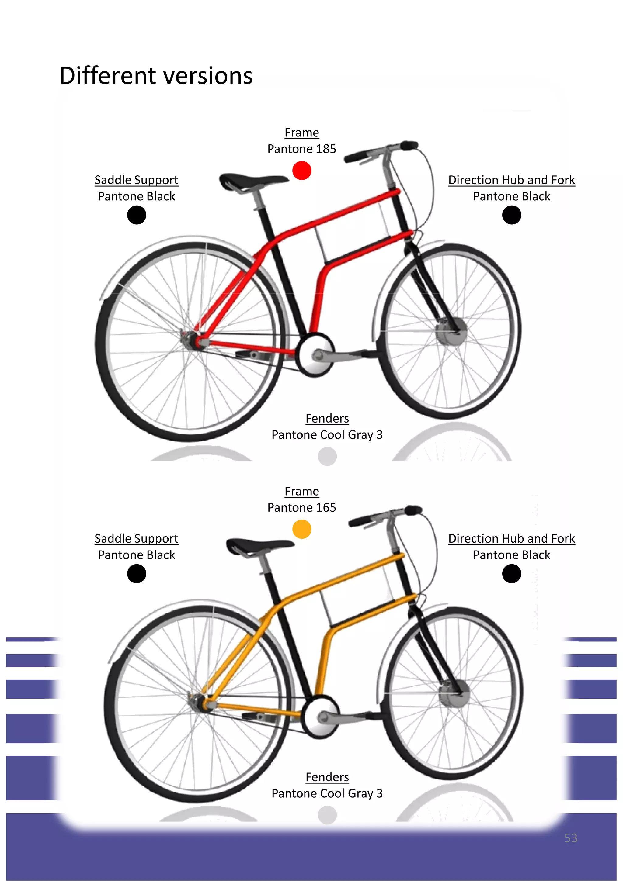 Different versions
Saddle Support
Pantone Black
Direction Hub and Fork
Pantone Black
Frame
Pantone 185
Fenders
Pantone Cool Gray 3
Saddle Support
Pantone Black
Direction Hub and Fork
Pantone Black
Frame
Pantone 165
53
Fenders
Pantone Cool Gray 3
 