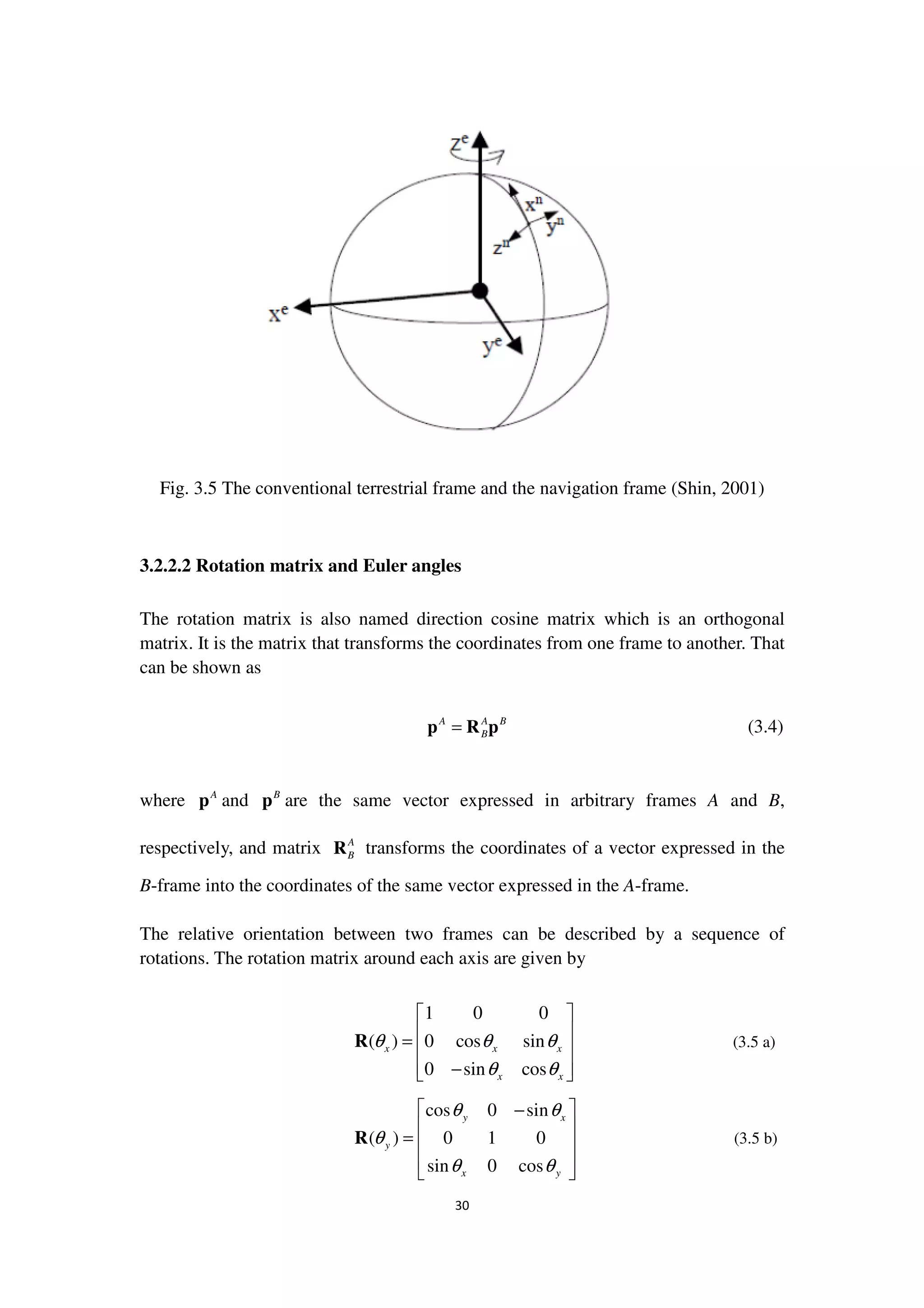 30
Fig. 3.5 The conventional terrestrial frame and the navigation frame (Shin, 2001)
3.2.2.2 Rotation matrix and Euler angles
The rotation matrix is also named direction cosine matrix which is an orthogonal
matrix. It is the matrix that transforms the coordinates from one frame to another. That
can be shown as
A A B
B=p R p (3.4)
where A
p and B
p are the same vector expressed in arbitrary frames A and B,
respectively, and matrix A
BR transforms the coordinates of a vector expressed in the
B-frame into the coordinates of the same vector expressed in the A-frame.
The relative orientation between two frames can be described by a sequence of
rotations. The rotation matrix around each axis are given by
1 0 0
( ) 0 cos sin
0 sin cos
x x x
x x
θ θ θ
θ θ
 
 =  
 − 
R (3.5 a)
cos 0 sin
( ) 0 1 0
sin 0 cos
y x
y
x y
θ θ
θ
θ θ
 −
 
=  
 
 
R (3.5 b)
 
