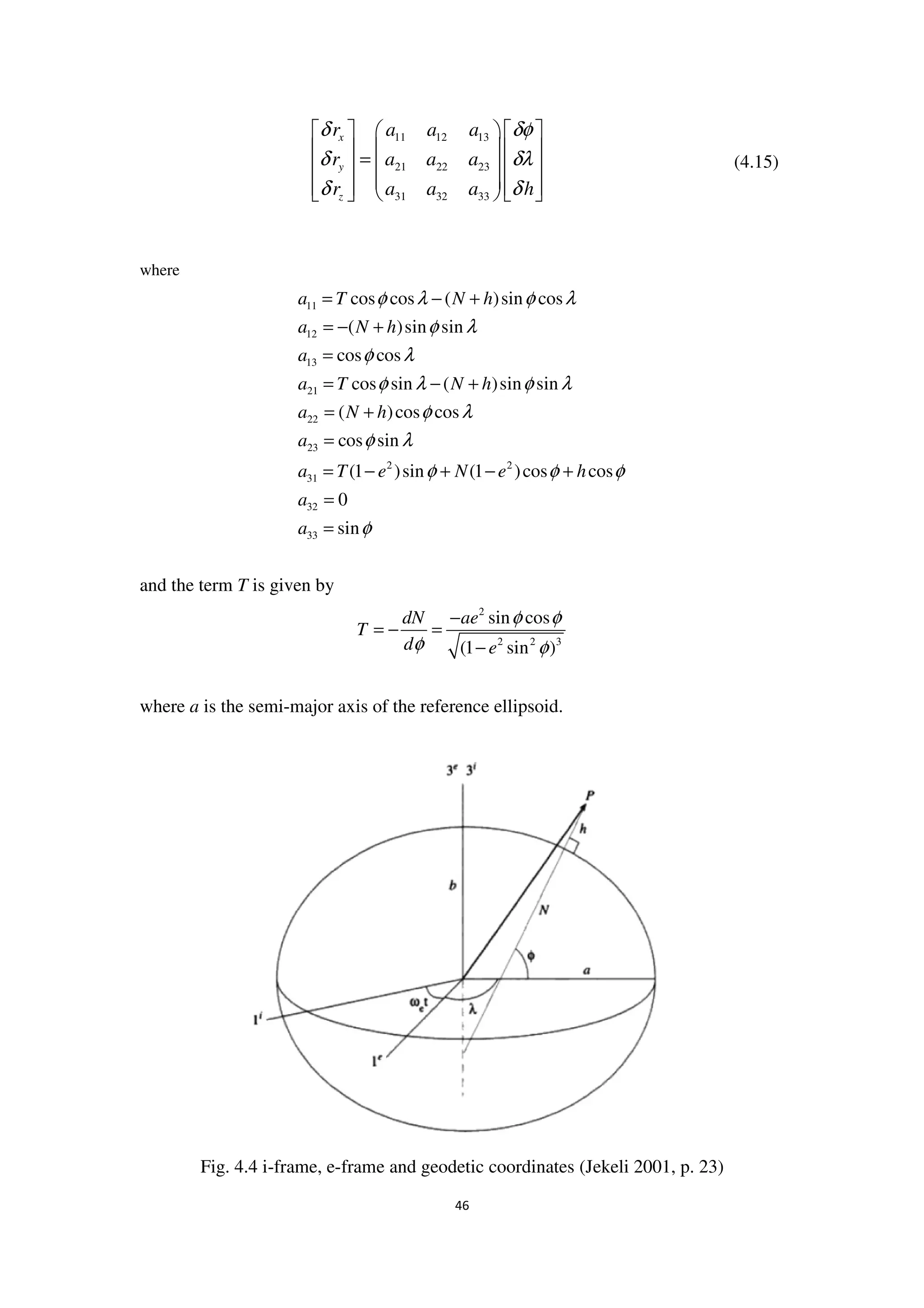 46
11 12 13
21 22 23
31 32 33
x
y
z
r a a a
r a a a
r a a a h
δ δφ
δ δλ
δ δ
    
    =     
        
(4.15)
where
11
12
13
21
22
23
2 2
31
32
33
cos cos ( )sin cos
( )sin sin
cos cos
cos sin ( )sin sin
( )cos cos
cos sin
(1 )sin (1 )cos cos
0
sin
a T N h
a N h
a
a T N h
a N h
a
a T e N e h
a
a
φ λ φ λ
φ λ
φ λ
φ λ φ λ
φ λ
φ λ
φ φ φ
φ
= − +
= − +
=
= − +
= +
=
= − + − +
=
=
and the term T is given by
2
2 2 3
sin cos
(1 sin )
dN ae
T
d e
φ φ
φ φ
−
= − =
−
where a is the semi-major axis of the reference ellipsoid.
Fig. 4.4 i-frame, e-frame and geodetic coordinates (Jekeli 2001, p. 23)
 