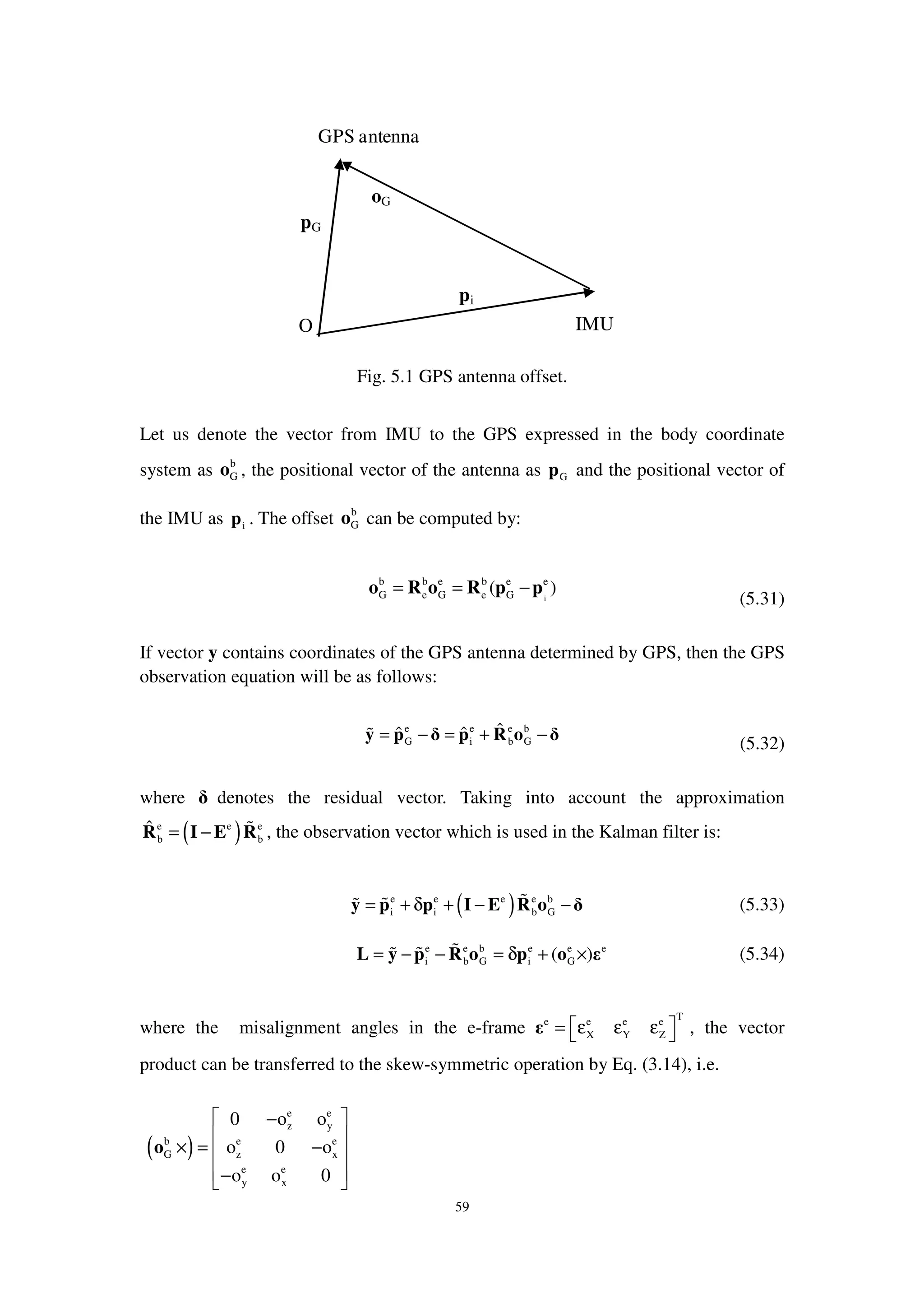 59
O IMU
pi
pG
GPS antenna
oG
Fig. 5.1 GPS antenna offset.
Let us denote the vector from IMU to the GPS expressed in the body coordinate
system as b
Go , the positional vector of the antenna as Gp and the positional vector of
the IMU as ip . The offset b
Go can be computed by:
i
b b e b e e
G e G e G( )= = −o R o R p p
(5.31)
If vector y contains coordinates of the GPS antenna determined by GPS, then the GPS
observation equation will be as follows:
e e e b
G i b G
ˆˆ ˆ= − = + −y p δ p R o δ
(5.32)
where δ denotes the residual vector. Taking into account the approximation
( )e e e
b b
ˆ = −R I E R , the observation vector which is used in the Kalman filter is:
( )e e e e b
i i b G= + δ + − −y p p I E R o δ (5.33)
e e b e e e
i b G i G( )= − − = δ + ×L y p R o p o ε (5.34)
where the misalignment angles in the e-frame
Te e e e
X Y Z
 = ε ε ε ε , the vector
product can be transferred to the skew-symmetric operation by Eq. (3.14), i.e.
( )
e e
z y
b e e
G z x
e e
y x
0 o o
o 0 o
o o 0
 −
 
× = − 
 − 
o
 