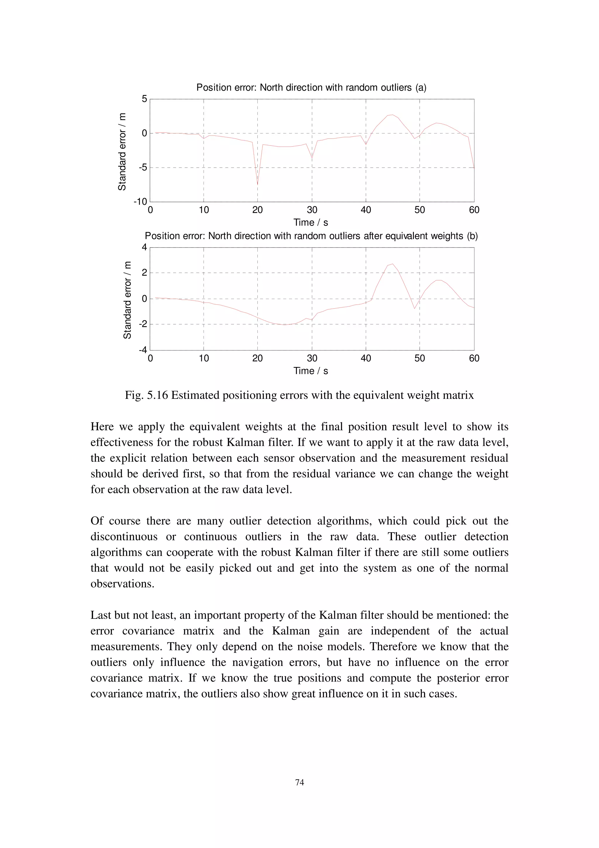 74
Fig. 5.16 Estimated positioning errors with the equivalent weight matrix
Here we apply the equivalent weights at the final position result level to show its
effectiveness for the robust Kalman filter. If we want to apply it at the raw data level,
the explicit relation between each sensor observation and the measurement residual
should be derived first, so that from the residual variance we can change the weight
for each observation at the raw data level.
Of course there are many outlier detection algorithms, which could pick out the
discontinuous or continuous outliers in the raw data. These outlier detection
algorithms can cooperate with the robust Kalman filter if there are still some outliers
that would not be easily picked out and get into the system as one of the normal
observations.
Last but not least, an important property of the Kalman filter should be mentioned: the
error covariance matrix and the Kalman gain are independent of the actual
measurements. They only depend on the noise models. Therefore we know that the
outliers only influence the navigation errors, but have no influence on the error
covariance matrix. If we know the true positions and compute the posterior error
covariance matrix, the outliers also show great influence on it in such cases.
0 10 20 30 40 50 60
-10
-5
0
5
Position error: North direction with random outliers (a)
Standarderror/m
Time / s
0 10 20 30 40 50 60
-4
-2
0
2
4
Position error: North direction with random outliers after equivalent weights (b)
Standarderror/m
Time / s
 