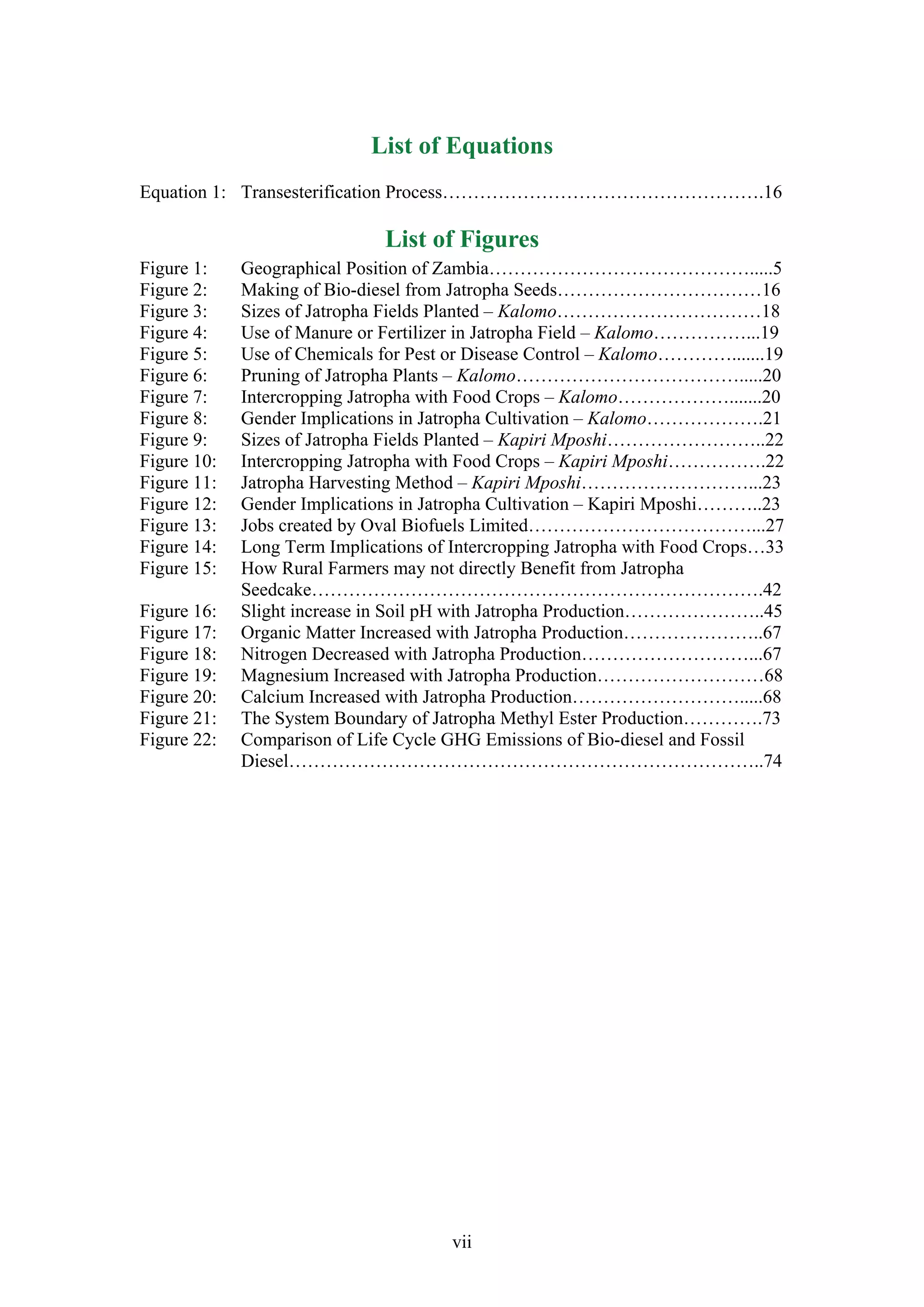 List of Equations
Equation 1: Transesterification Process…………………………………………….16

                              List of Figures
Figure 1:    Geographical Position of Zambia…………………………………….....5
Figure 2:    Making of Bio-diesel from Jatropha Seeds……………………………16
Figure 3:    Sizes of Jatropha Fields Planted – Kalomo……………………………18
Figure 4:    Use of Manure or Fertilizer in Jatropha Field – Kalomo……………...19
Figure 5:    Use of Chemicals for Pest or Disease Control – Kalomo………….......19
Figure 6:    Pruning of Jatropha Plants – Kalomo……………………………….....20
Figure 7:    Intercropping Jatropha with Food Crops – Kalomo……………….......20
Figure 8:    Gender Implications in Jatropha Cultivation – Kalomo……………….21
Figure 9:    Sizes of Jatropha Fields Planted – Kapiri Mposhi……………………..22
Figure 10:   Intercropping Jatropha with Food Crops – Kapiri Mposhi…………….22
Figure 11:   Jatropha Harvesting Method – Kapiri Mposhi………………………...23
Figure 12:   Gender Implications in Jatropha Cultivation – Kapiri Mposhi………..23
Figure 13:   Jobs created by Oval Biofuels Limited………………………………...27
Figure 14:   Long Term Implications of Intercropping Jatropha with Food Crops…33
Figure 15:   How Rural Farmers may not directly Benefit from Jatropha
             Seedcake……………………………………………………………….42
Figure 16:   Slight increase in Soil pH with Jatropha Production…………………..45
Figure 17:   Organic Matter Increased with Jatropha Production…………………..67
Figure 18:   Nitrogen Decreased with Jatropha Production………………………...67
Figure 19:   Magnesium Increased with Jatropha Production………………………68
Figure 20:   Calcium Increased with Jatropha Production……………………….....68
Figure 21:   The System Boundary of Jatropha Methyl Ester Production………….73
Figure 22:   Comparison of Life Cycle GHG Emissions of Bio-diesel and Fossil
             Diesel…………………………………………………………………..74




                                       vii
 