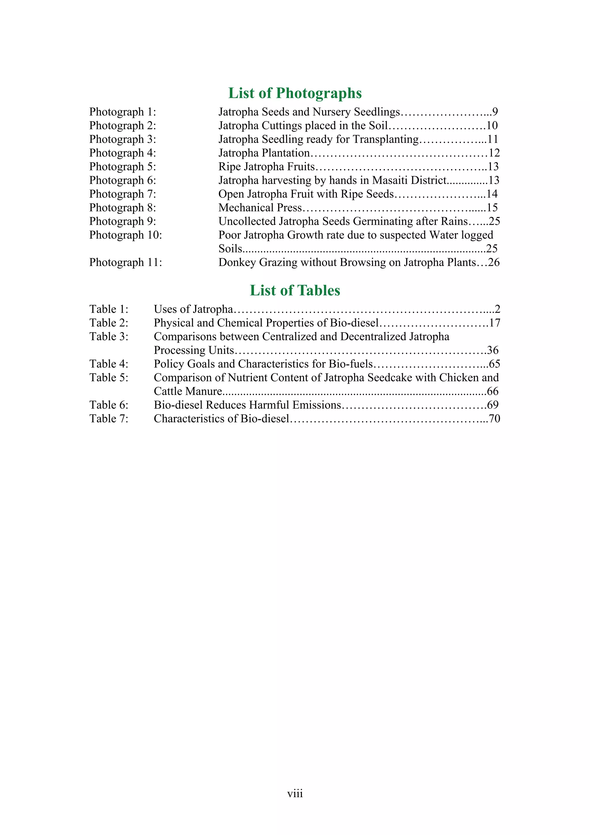 List of Photographs
Photograph 1:                  Jatropha Seeds and Nursery Seedlings…………………...9
Photograph 2:                  Jatropha Cuttings placed in the Soil…………………….10
Photograph 3:                  Jatropha Seedling ready for Transplanting……………...11
Photograph 4:                  Jatropha Plantation………………………………………12
Photograph 5:                  Ripe Jatropha Fruits……………………………………..13
Photograph 6:                  Jatropha harvesting by hands in Masaiti District..............13
Photograph 7:                  Open Jatropha Fruit with Ripe Seeds…………………...14
Photograph 8:                  Mechanical Press……………………………………......15
Photograph 9:                  Uncollected Jatropha Seeds Germinating after Rains…...25
Photograph 10:                 Poor Jatropha Growth rate due to suspected Water logged
                               Soils..................................................................................25
Photograph 11:                 Donkey Grazing without Browsing on Jatropha Plants…26

                                        List of Tables
Table 1:    Uses of Jatropha………………………………………………………....2
Table 2:    Physical and Chemical Properties of Bio-diesel……………………….17
Table 3:    Comparisons between Centralized and Decentralized Jatropha
            Processing Units……………………………………………………….36
Table 4:    Policy Goals and Characteristics for Bio-fuels………………………...65
Table 5:    Comparison of Nutrient Content of Jatropha Seedcake with Chicken and
            Cattle Manure.........................................................................................66
Table 6:    Bio-diesel Reduces Harmful Emissions……………………………….69
Table 7:    Characteristics of Bio-diesel…………………………………………...70




                                                    viii
 