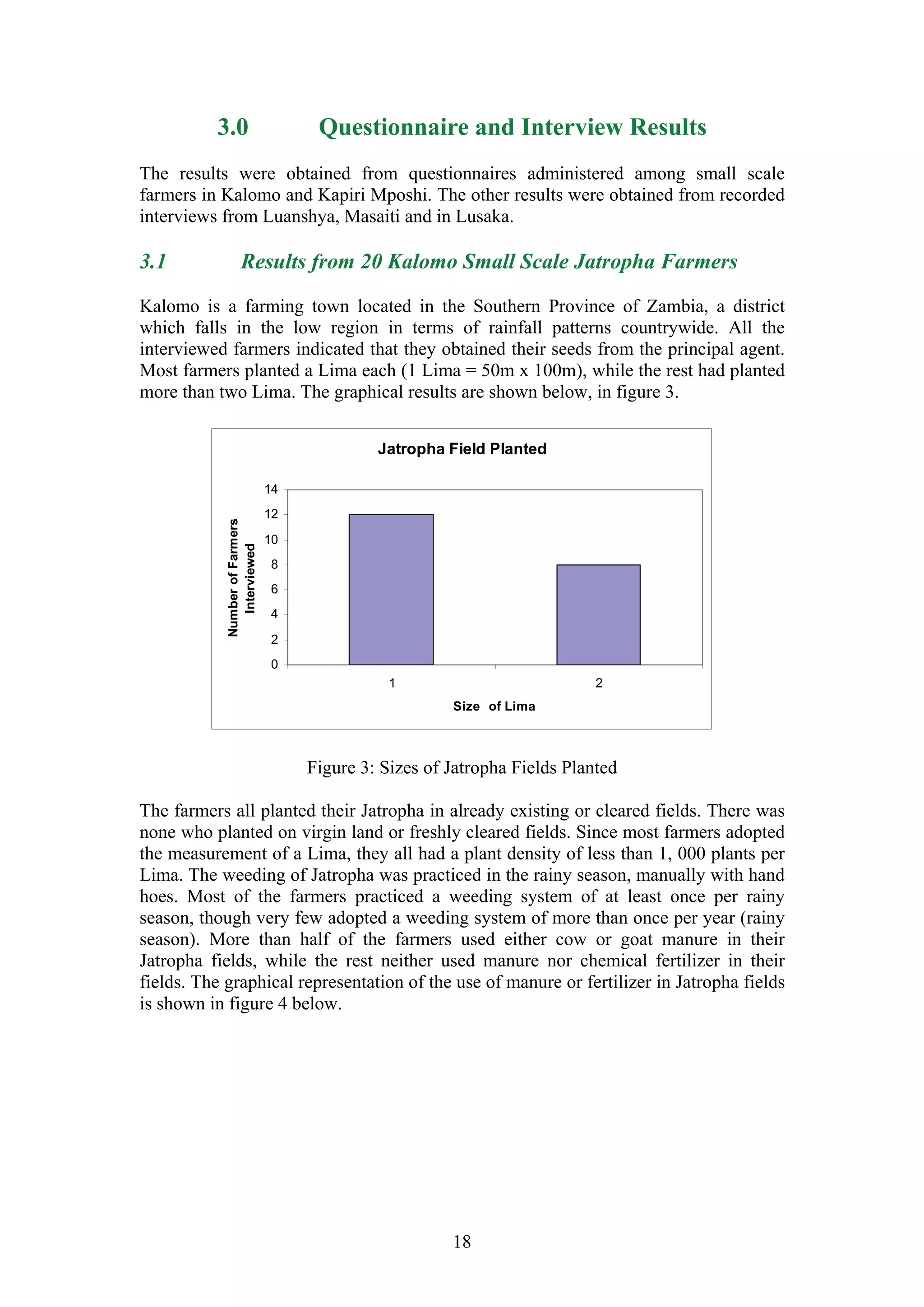 3.0                         Questionnaire and Interview Results
The results were obtained from questionnaires administered among small scale
farmers in Kalomo and Kapiri Mposhi. The other results were obtained from recorded
interviews from Luanshya, Masaiti and in Lusaka.

3.1                Results from 20 Kalomo Small Scale Jatropha Farmers

Kalomo is a farming town located in the Southern Province of Zambia, a district
which falls in the low region in terms of rainfall patterns countrywide. All the
interviewed farmers indicated that they obtained their seeds from the principal agent.
Most farmers planted a Lima each (1 Lima = 50m x 100m), while the rest had planted
more than two Lima. The graphical results are shown below, in figure 3.


                                              Jatropha Field Planted

                                14
                                12
            Number of Farmers




                                10
               Interviewed




                                8
                                6
                                4
                                2
                                0
                                                1                           2
                                                        Size of Lima



                                     Figure 3: Sizes of Jatropha Fields Planted

The farmers all planted their Jatropha in already existing or cleared fields. There was
none who planted on virgin land or freshly cleared fields. Since most farmers adopted
the measurement of a Lima, they all had a plant density of less than 1, 000 plants per
Lima. The weeding of Jatropha was practiced in the rainy season, manually with hand
hoes. Most of the farmers practiced a weeding system of at least once per rainy
season, though very few adopted a weeding system of more than once per year (rainy
season). More than half of the farmers used either cow or goat manure in their
Jatropha fields, while the rest neither used manure nor chemical fertilizer in their
fields. The graphical representation of the use of manure or fertilizer in Jatropha fields
is shown in figure 4 below.




                                                        18
 