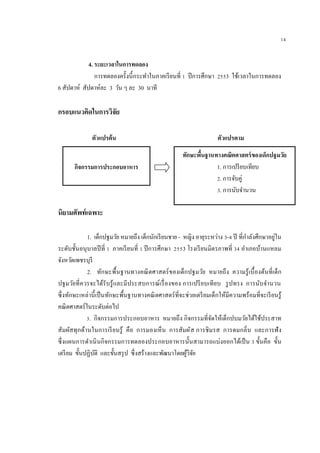 14
4. ระยะเวลาในการทดลอง
การทดลองครั้งนี้กระทาในภาคเรียนที่ 1 ปีการศึกษา 2553 ใช้เวลาในการทดลอง
6 สัปดาห์ สัปดาห์ละ 3 วัน ๆ ละ 30 นาที
กรอบแนวคิดในการวิจัย
ตัวแปรต้น ตัวแปรตาม
นิยามศัพท์เฉพาะ
1. เด็กปฐมวัย หมายถึง เด็กนักเรียนชาย - หญิง อายุระหว่าง 3-4 ปี ที่กาลังศึกษาอยู่ใน
ระดับชั้นอนุบาลปีที่ 1 ภาคเรียนที่ 1 ปีการศึกษา 2553 โรงเรียนมิตรภาพที่ 34 อาเภอบ้านแหลม
จังหวัดเพชรบุรี
2. ทักษะพื้นฐานทางคณิตศาสตร์ของเด็กปฐมวัย หมายถึง ความรู้เบื้องต้นที่เด็ก
ปฐมวัยที่ควรจะได้รับรู้และมีประสบการณ์เรื่องของ การเปรียบเทียบ รูปทรง การนับจานวน
ซึ่งทักษะเหล่านี้เป็นทักษะพื้นฐานทางคณิตศาสตร์ที่จะช่วยเตรียมเด็กให้มีความพร้อมที่จะเรียนรู้
คณิตศาสตร์ในระดับต่อไป
3. กิจกรรมการประกอบอาหาร หมายถึง กิจกรรมที่จัดให้เด็กปบมวัยได้ใช้ประสาท
สัมผัสทุกด้านในการเรียนรู้ คือ การมองเห็น การสัมผัส การชิมรส การดมกลิ่น และการฟัง
ซึ่งแผนการดาเนินกิจกรรมการทดลองประกอบอาหารนั้นสามารถแบ่งออกได้เป็น 3 ขั้นคือ ขั้น
เตรียม ขั้นปฏิบัติ และขั้นสรุป ซึ่งสร้างและพัฒนาโดยผู้วิจัย
กิจกรรมการประกอบอาหาร
ทักษะพื้นฐานทางคณิตศาสตร์ของเด็กปฐมวัย
1. การเปรียบเทียบ
2. การจับคู่
3. การนับจานวน
 