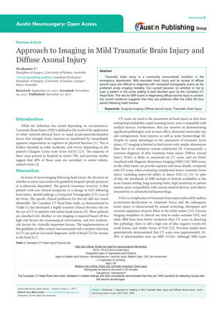 Citation: Sivakumar J. Approach to Imaging in Mild Traumatic Brain Injury and Diffuse Axonal Injury. Austin
Neurosurg Open Access. 2017; 4(2): 1059.
Austin Neurosurg Open Access - Volume 4 Issue 2 - 2017
Submit your Manuscript | www.austinpublishinggroup.com
Sivakumar. © All rights are reserved
Austin Neurosurgery: Open Access
Open Access
Abstract
Traumatic brain injury is a commonly encountered condition in the
emergency department. Mild traumatic brain injury and its squeal of diffuse
axonal injury are difficult to diagnose with computed tomography scans as the
preferred acute imaging modality. Our current decision on whether or not to
scan a patient in the acute setting is best decided upon by the Canadian CT
Head Rule. The role for MRI scans in diagnosing diffuse axonal injury is unclear,
but current evidence suggests that they are preferred after the initial 48 hour
period following head trauma.
Keywords: Surgical imaging; Diffuse axonal injury; Traumatic brain injury
Introduction
While the definition has varied depending on circumstances,
Traumatic Brain Injury (TBI) is defined as the result of the application
of either external physical force or rapid acceleration/deceleration
forces that disrupts brain function as manifested by immediately
apparent impairments in cognitive or physical function [1]. This is
further classified as mild, moderate, and severe, depending on the
patient’s Glasgow Coma Scale Score (GCS) [2,3]. The majority of
these cases present to hospital as minor TBI, and previous studies
suggest that 40% of these cases are secondary to motor-vehicle-
related events [4].
Discussion
In terms of neuroimaging following head injury, the decision on
whether or not to scan tends to be guidedby hospital-specificprotocol,
or is physician dependent. The general consensus, however, is that
patients with new clinical symptoms or a change in GCS following
head injury, should undergo a Computed Tomography (CT) scan of
the brain. The specific clinical predictors for this are still very much
debateable. The Canadian CT Head Rule study, as demonstrated in
(Table 1), has developed a highly sensitive clinical decision rule for
the use of CT in patients with minor head injuries [5]. These patients
are classified into whether or not imaging is required based off five
high-risk factors for neurosurgical intervention, and two medium-
risk factors for clinically important lesions. The implementation of
this guideline in other centres was associated with a modest reduction
in CT use and an increased diagnostic yield of head CTs for trauma
to the head [6,7].
Review Article
Approach to Imaging in Mild Traumatic Brain Injury and
Diffuse Axonal Injury
Sivakumar J *
Discipline of Surgery, University of Sydney, Australia
*Corresponding author: Jonathan Sivakumar
Discipline of Surgery, University of Sydney, Camper-
down, Australia
Received: September 07, 2017; Accepted: November
24, 2017; Published: December 01, 2017
CT scans are used in the assessment of head injury as they have
widespread availability; rapid scanning times, and is compatible with
medical devices. Furthermore, they are sensitive in demonstrating
significant pathologies such as mass effect, abnormal ventricular size
and configuration, bone injuries, as well as acute haemorrhage [8].
Despite its many advantages in the assessment of traumatic brain
injury, CT imaging is limited in that lesions with smaller dimensions
than that of its resolution remain undetected [9]. Consequently, a
common diagnosis of after traumatic brain injury, Diffuse Axonal
Injury (DAI), is likely to unnoticed on CT scans, and are better
visualised with Magnetic Resonance Imaging (MRI) [10]. MRI scans,
on the other hand, are provide superior soft tissue details, compared
with CT scans, when evaluating complicated minor traumatic brain
injury, including improved ability to detect DAI [11-13]. In spite
of this, the drawbacks of MRI include its limited availability in the
acute trauma setting, long scanning times, high sensitivity to patient
motion, poor compatibility with various medical devices, and relative
insensitivity to subarachnoid haemorrhage.
DAIisacomplicationoftraumaticbraininjuryinducedbysudden
acceleration-deceleration or rotational forces and the subsequent
tissue injury is characterized by axonal stretching, disruption and
eventual separation of nerve fibers in the white matter [14]. Current
imaging modalities in clinical use tend to under-estimate DAI, and
while MRI does have better resolution than CT scans in detecting
this pathology, there is still a high rate of false negative results for
small lesions and milder forms of DAI [15]. Previous studies have
quantitatively demonstrated that CT scans miss approximately 10-
20% of abnormalities seen on MRI [13,16]. Although MRI scans
High risk criteria: Rules out need for neurosurgical intervention
GCS <15 at 2 hours post-injury
Suspected open or depressed skull fracture
Signs of basilar skull fracture: Hemotympanum, raccoon eyes, Battle’s Sign, CSF oto-/rhinorrhea
≥ 2 episodes of vomiting
Age ≥ 65
Medium risk criteria: Rules out “clinically important” brain injury
Retrograde amnesia to the event ≥ 30 minutes
“Dangerous” mechanism?
The Canadian CT Head Rules have been validated in multiple settings and have consistently demonstrated that they are 100% sensitive for detecting injuries that
will require neurosurgery.
Table 1: Canadian CT Head injury/Trauma rule.
 