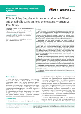 Citation: Umana CK, Wilmoth S, Pan M, Zhang JQ, Fogt DL and He M. Effects of Soy Supplementation on
Abdominal Obesity and Metabolic Risks on Post-Menopausal Women: A Pilot Study. Austin J Obes & Metab
Synd. 2017; 2(1): 1005.
Austin J Obes & Metab Synd - Volume 2 Issue 1 - 2017
Submit your Manuscript | www.austinpublishinggroup.com
He et al. © All rights are reserved
Austin Journal of Obesity & Metabolic
Syndrome
Open Access
Abstract
Over two-thirds of American post-menopausal women are abdominally
obese. Post-menopausal estrogen deficiency is considered a key risk factor
for excess visceral fat accumulation and increased metabolic abnormalities.
Although hormone replacement therapy is effective in reducing visceral
fat, its adverse effects warrant research identifying safe, estrogen-mimenic
phytochemicals for central obesity prevention among menopausal women.
Objectives: This pilot study investigated the effect of daily soy
supplementation on abdominal fat, lipid profile and circulating inflammatory
markers in early post-menopausal women.
Methods: This was a six-month double-blind placebo-controlled trial.
Subjects were early post-menopausal women with menses ceased less than
three years. Twelve subjects were evenly, randomly assigned to Intervention
(25g soy protein + 2 capsules containing 160mg isoflavones) or Control
(25g whey protein + 2 cellulose filled capsules). Study outcomes included
anthropometrics, blood pressure, total and abdominal fat by dual-energy X-ray
absorptiometry, lipid profile, serum levels of C-reactive protein, interleukin 6 and
insulin by immunoassay.
Results: Eight completed the study, 4 in Intervention and 4 in Control. At
study endpoint, compared to Control, Intervention subjects had significantly
lower waist circumference (-2.2cm, p<0.05) and had marginally significant lower
abdominal fat 1.32kg (p=0.06), with no body weight difference and a higher body
fat content of 0.84kg. Although not statistically significant, Intervention appeared
to have favorable metabolic profile, with an exception of higher triglyceride level.
Conclusion: Soy supplementation for six months appears to be effective
in reducing abdominal fat and improving metabolic profiles among early post-
menopausal women.
Keywords: Abdominal obesity; Post-menopausal women; Lipid profile; Soy
supplementation
for abdominal obesity and at great risk of developing metabolic
abnormalities [1-3]. It was observed that menopausal women tend
to accumulate visceral fat, which is a key risk factor for metabolic
syndrome [4]. The withdrawal of estrogen has negative effects on the
cardiovascular system including: the transition from a gynoid to an
android adipose storage pattern, reduced glucose tolerance, abnormal
lipid profile, increased blood pressure, increased sympathetic tone,
endothelial dysfunction, and vascular inflammation [5-8]. Among
the inflammatory factors, cytokine interleukin 6 (IL-6) may lead to
mediating pathways for cardiovascular diseases (CVD) [9]; while
C-reactive protein (CRP) is an indicator of metabolic abnormality
[10,11] and CVD in post-menopausal women [12].
Hormone replacement therapy (HRT) has been shown to be
effective in reducing visceral fat and improving lipid profile in
menopausal women [13,14]. However, HRT may increase risk of
Abbreviations
DEXA: Dual-Energy X-ray Absorptiometry; CRP: C-Reactive
Protein; IL-6: Interleukin 6; BMI: Body Mass Index; CVD:
Cardiovascular Diseases; HRT: Hormone Replacement Therapy;
IRB: Institutional Review Board; UTSA: The University of Texas at
San Antonio; HDL: High-Density Lipoprotein; LDL: Low-Density
Lipoprotein; TC: Total Cholesterol; TG: Triglyceride; ELISA:
Enzyme-Linked Immunosorbent Assay; Waist: Waist Circumference;
HOMA-IR: Homeostasis Model Assessment-Insulin Resistance;
GI: Gastrointestinal; SBP: Systolic Blood Pressure; DBP: Diastolic
Blood Pressure; GLM: General Linear Model; SE: Standard Error;
MRI: Magnetic Resonance Imaging; CT: Computer Tomography;
Intervention: Intervention Group; Control: Control Group
Introduction
Menopausal women are among the highest risk populations
Research Article
Effects of Soy Supplementation on Abdominal Obesity
and Metabolic Risks on Post-Menopausal Women: A
Pilot Study
Umana CK, Wilmoth S, Pan M, Zhang JQ, Fogt DL
and He M*
Department of Kinesiology, Health and Nutrition, The
University of Texas at San Antonio, USA
*Corresponding author: Meizi He, Department of
Kinesiology, Health and Nutrition, The University of
Texas at San Antonio, USA
Received: February 16, 2017; Accepted: March 06,
2017; Published: March 13, 2017
 