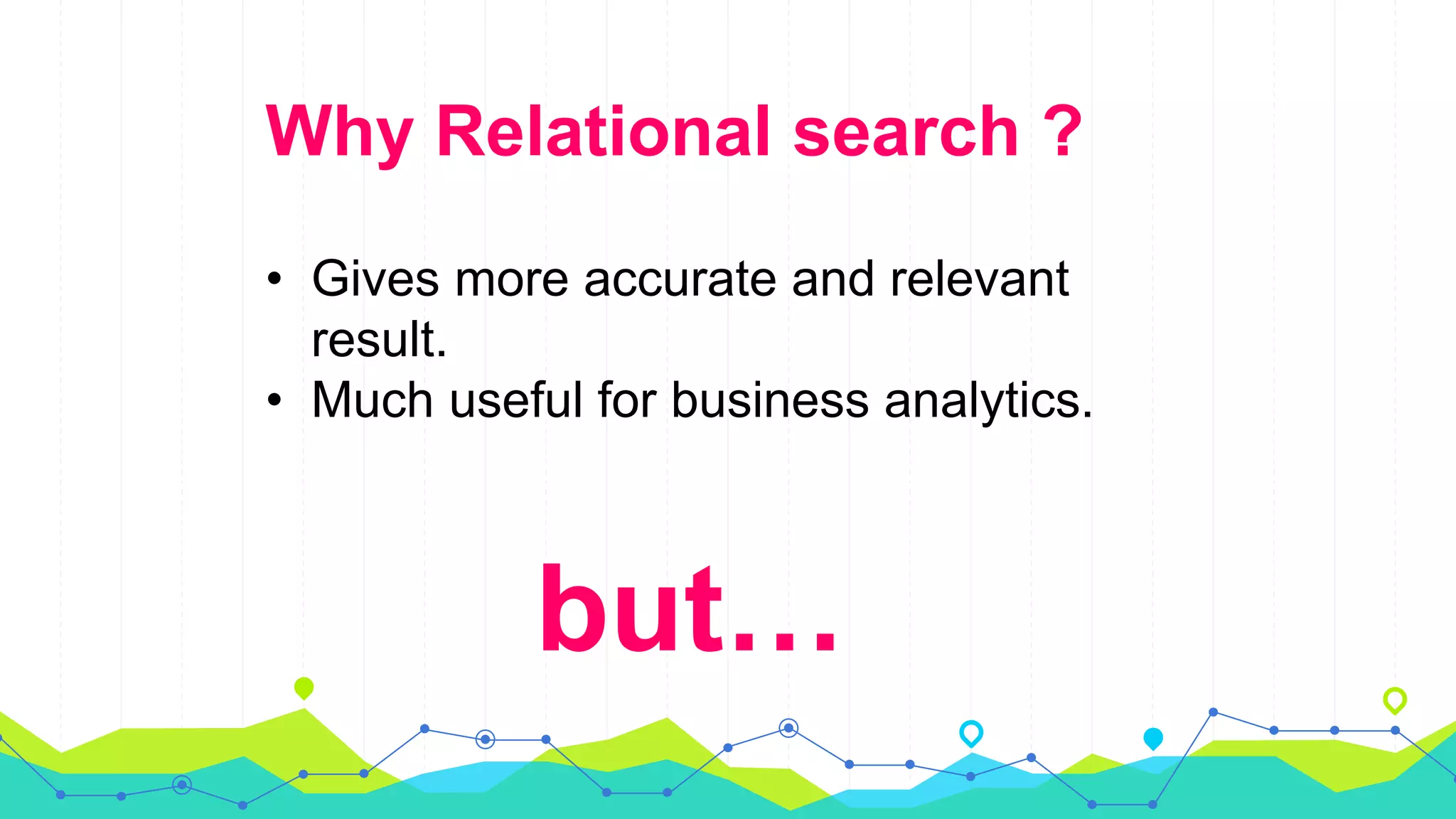 Why Relational search ?
• Gives more accurate and relevant
result.
• Much useful for business analytics.
but…
 