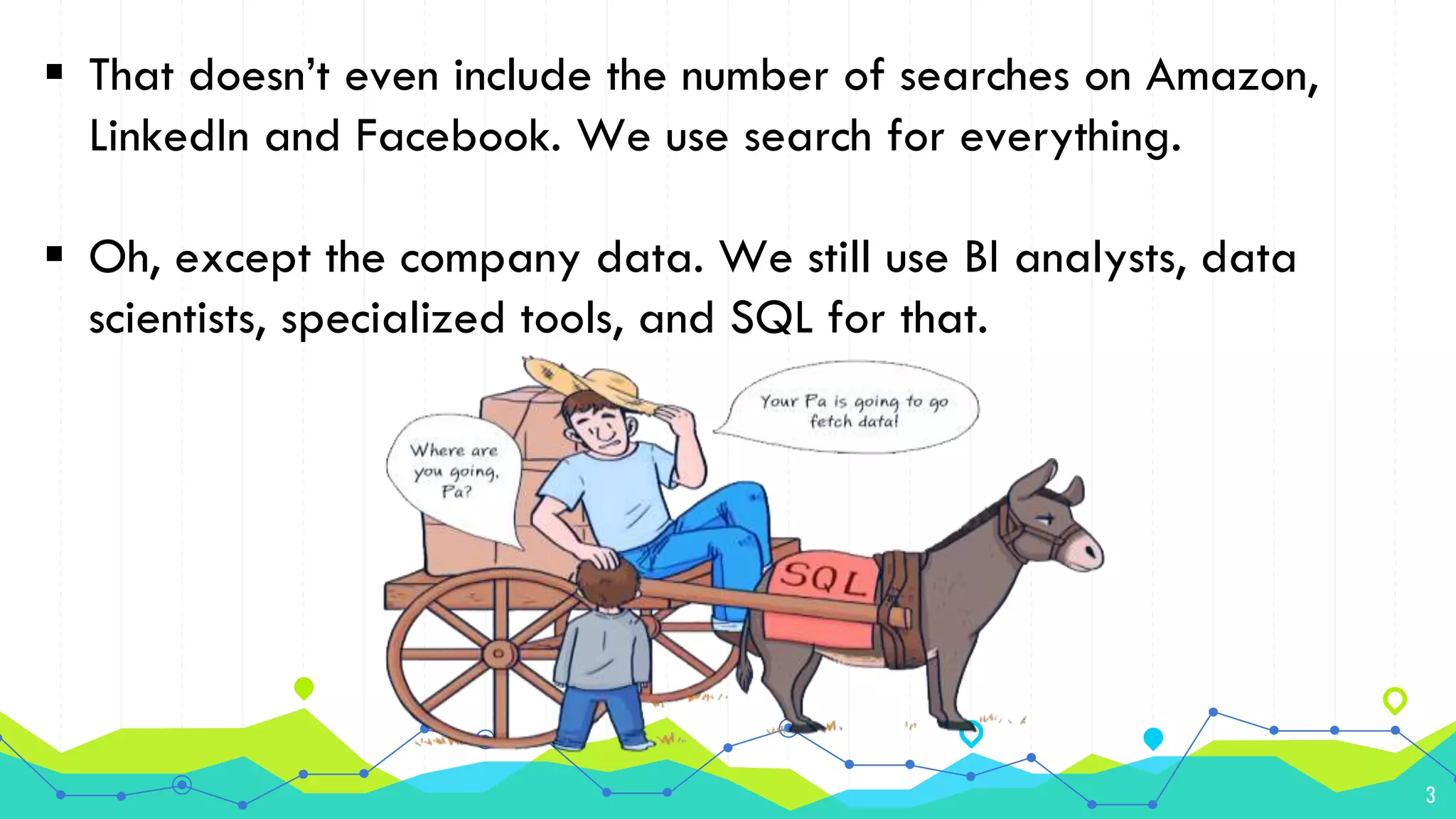 3
 That doesn’t even include the number of searches on Amazon,
LinkedIn and Facebook. We use search for everything.
 Oh, except the company data. We still use BI analysts, data
scientists, specialized tools, and SQL for that.
 