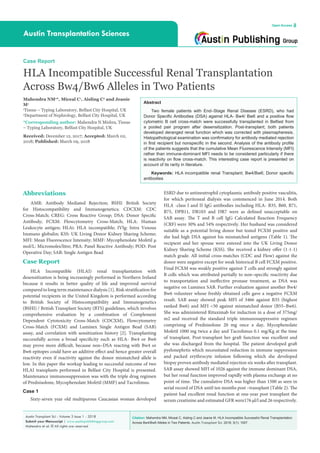 Citation: Mahendra NM, Miceal C, Aisling C and Jeanie M. HLA Incompatible Successful Renal Transplantation
Across Bw4/Bw6 Alleles in Two Patients. Austin Transplant Sci. 2018; 3(1): 1007.
Austin Transplant Sci - Volume 3 Issue 1 - 2018
Submit your Manuscript | www.austinpublishinggroup.com
Mahendra et al. © All rights are reserved
Austin Transplantation Sciences
Open Access
Abstract
Two female patients with End–Stage Renal Disease (ESRD), who had
Donor Specific Antibodies (DSA) against HLA- Bw4/ Bw6 and a positive flow
cytometric B cell cross-match were successfully transplanted in Belfast from
a pooled pair program after desensitization. Post-transplant; both patients
developed deranged renal function which was corrected with plasmapheresis.
Histopathological examination was confirmatory for antibody mediated rejection
in first recipient but nonspecific in the second. Analysis of the antibody profile
of the patients suggests that the cumulative Mean Fluorescence Intensity (MFI)
rather than immune-dominant MFI needs to be considered particularly if there
is reactivity on flow cross-match. This interesting case report is presented on
account of its rarity in literature.
Keywords: HLA incompatible renal Transplant; Bw4/Bw6; Donor specific
antibodies
ESRD due to antineutrophil cytoplasmic antibody positive vasculitis,
for which peritoneal dialysis was commenced in June 2014. Both
HLA -class I and II IgG antibodies including HLA- B35, B60, B71,
B75, DPB11, DR103 and DR7 were as defined unacceptable on
SAB assay. The T and B cell IgG Calculated Reaction Frequency
(CRF) were 30% and 54% respectively. Her husband was considered
suitable as a potential living donor but tested FCXM positive and
she had high DSA against his mismatched antigens (Table 1). The
recipient and her spouse were entered into the UK Living Donor
Kidney Sharing Scheme (KSS). She received a kidney offer (1-1-1)
match grade. All initial cross-matches (CDC and Flow) against the
donor were negative except for weak historical B cell FCXM positive.
Final FCXM was weakly positive against T cells and strongly against
B cells which was attributed partially to non–specific reactivity due
to transportation and ineffective pronase treatment, as DSA was
negative on Luminex SAB. Further evaluation against another Bw4/
Bw6 volunteer whose freshly obtained cells gave a negative FCXM
result. SAB assay showed peak MFI of 3466 against B35 (highest
ranked Bw6) and MFI <50 against mismatched donor (B55–Bw6).
She was administered Rituximab for induction in a dose of 375mg/
m2 and received the standard triple immunosuppressive regimen
comprising of Prednisolone 20 mg once a day, Mycophenolate
Mofetil 1000 mg twice a day and Tacrolimus 0.1 mg/Kg at the time
of transplant. Post-transplant her graft function was excellent and
she was discharged from the hospital. The patient developed graft
pyelonephrtis which necessitated reduction in immune suppression
and packed erythrocyte infusion following which she developed
biopsy proven antibody mediated rejection six weeks after transplant.
SAB assay showed MFI of 1026 against the immune dominant DSA,
but her renal function improved rapidly with plasma exchange at no
point of time. The cumulative DSA was higher than 1500 as seen in
serial record of DSA until ten months post –transplant (Table 2). The
patient had excellent renal function at one-year post transplant the
serum creatinine and estimated GFR were176 µl/l and 26 respectively.
Abbreviations
AMR: Antibody Mediated Rejection; BSHI: British Society
for Histocompatibility and Immunogenetics; CDCXM: CDC
Cross-Match; CREG: Cross Reactive Group; DSA: Donor Specific
Antibody; FCXM: Flowcytometry Cross-Match; HLA: Human
Leukocyte antigen; HLAi: HLA incompatible; IVIg: Intra Venous
Immuno globulin; KSS: UK Living Donor Kidney Sharing Scheme;
MFI: Mean Fluorescence Intensity; MMF: Mycophenolate Mofetil µ
mol/L: Micromoles/litre; PRA: Panel Reactive Antibody; POD: Post
Operative Day; SAB: Single Antigen Bead
Case Report
HLA Incompatible (HLAI) renal transplantation with
desensitization is being increasingly performed in Northern Ireland
because it results in better quality of life and improved survival
compared to long term maintenance dialysis [1]. Risk stratification for
potential recipients in the United Kingdom is performed according
to British Society of Histocompatibility and Immunogenetics
(BSHI) / British Transplant Society (BTS) guidelines, which involves
comprehensive evaluation by a combination of Complement
Dependent Cytotoxicity Cross-Match (CDCXM), Flowcytometry
Cross-Match (FCXM) and Luminex Single Antigen Bead (SAB)
assay, and correlation with sensitization history [2]. Transplanting
successfully across a broad specificity such as HLA- Bw4 or Bw6
may prove more difficult, because non–DSA reacting with Bw4 or
Bw6 epitopes could have an additive effect and hence greater overall
reactivity even if reactivity against the donor mismatched allele is
low. In this paper the workup leading to successful outcome of two
HLAI transplants performed in Belfast City Hospital is presented.
Maintenance immunosuppression was with the triple drug regimen
of Prednisolone, Mycophenolate Mofetil (MMF) and Tacrolimus.
Case 1
Sixty-seven year old multiparous Caucasian woman developed
Case Report
HLA Incompatible Successful Renal Transplantation
Across Bw4/Bw6 Alleles in Two Patients
Mahendra NM1
*, Miceal C1
, Aisling C2
and Jeanie
M1
1
Tissue – Typing Laboratory, Belfast City Hospital, UK
2
Department of Nephrology, Belfast City Hospital, UK
*Corresponding author: Mahendra N Mishra, Tissue
– Typing Laboratory, Belfast City Hospital, UK
Received: December 12, 2017; Accepted: March 02,
2018; Published: March 09, 2018
 