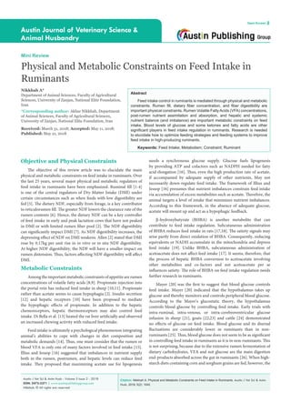 Citation: Nikkhah A. Physical and Metabolic Constraints on Feed Intake in Ruminants. Austin J Vet Sci & Anim
Husb. 2018; 5(2): 1042.
Austin J Vet Sci & Anim Husb - Volume 5 Issue 2 - 2018
ISSN: 2472-3371 | www.austinpublishinggroup.com
Nikkhah. © All rights are reserved
Austin Journal of Veterinary Science &
Animal Husbandry
Open Access
needs a synchronous glucose supply. Glucose fuels lipogenesis
by providing ATP and cofactors such as NADPH needed for fatty
acid elongation [16]. Thus, even the high production rate of acetate,
if accompanied by adequate supply of other nutrients, May not
necessarily down-regulate feed intake. The framework of Illius and
Jessop [16] presumes that nutrient imbalances constrain feed intake
via accumulation of excess metabolites such as acetate. Therefore, the
animal targets a level of intake that minimizes nutrient imbalances.
According to this framework, in the absence of adequate glucose,
acetate will mount up and act as a hypophagic feedback.
β-hydroxybutyrate (BHBA) is another metabolite that can
contribute to feed intake regulation. Subcutaneous administration
of BHBA reduces feed intake in rats [17,18]. The satiety signals may
arise partly from direct oxidation of BHBA. Consequently, reducing
equivalents or NADH accumulate in the mitochondria and depress
feed intake [19]. Unlike BHBA, subcutaneous administration of
acetoacetate does not affect feed intake [17]. It seems, therefore, that
the process of hepatic BHBA conversion to acetoacetate involving
other metabolites and co-factors and not acetoacetate per se
influences satiety. The role of BHBA on feed intake regulation needs
further research in ruminants.
Mayer [20] was the first to suggest that blood glucose controls
feed intake. Mayer [20] indicated that the hypothalamus takes up
glucose and thereby monitors and controls peripheral blood glucose.
According to the Mayer’s glucostatic theory, the hypothalamus
controls blood glucose by controlling feed intake. Early trials with
intra-ruminal, intra-venous, or intra-cerebroventricular glucose
infusion in sheep [21], goats [22,23] and cattle [24] demonstrated
no effects of glucose on feed intake. Blood glucose and its diurnal
fluctuations are considerably lower in ruminants than in non-
ruminants [25]. Thus, blood glucose does not seem to be as significant
in controlling feed intake in ruminants as it is in non-ruminants. This
is not surprising, because due to the extensive rumen fermentation of
dietary carbohydrates, VFA and not glucose are the main digestion
end-products absorbed across the gut in ruminants [26]. When high-
starch diets containing corn and sorghum grains are fed, however, the
Objective and Physical Constraints
The objective of this review article was to elucidate the main
physical and metabolic constraints on feed intake in ruminants. Over
the last 25 years, several major physical and metabolic regulators of
feed intake in ruminants have been emphasized. Ruminal fill [1-4]
is one of the central regulators of Dry Matter Intake (DMI) under
certain circumstances such as when feeds with low digestibility are
fed [5]. The dietary NDF, especially from forage, is a key contributor
to reticulorumen fill. The greater NDF lowers the clearance rate of the
rumen contents [6]. Hence, the dietary NDF can be a key controller
of feed intake in early and peak lactation cows that have not peaked
in DMI or with limited rumen fiber pool [2]. The NDF digestibility
can significantly impact DMI [7]. As NDF digestibility increases, the
depressing effect of NDF on DMI weakens. Allen [2] stated that DMI
rose by 0.17kg per unit rise in in vitro or in situ NDF digestibility.
At higher NDF digestibility, the NDF will have a smaller impact on
rumen distension. Thus, factors affecting NDF digestibility will affect
DMI.
Metabolic Constraints
Among the important metabolic constraints of appetite are rumen
concentrations of volatile fatty acids [8,9]. Propionate injection into
the portal vein has reduced feed intake in sheep [10,11]. Propionate
rather than acetate seems to cause hypophagia [2]. Insulin secretion
[12] and hepatic receptors [10] have been proposed to mediate
the hypophagic effects of propionate. In addition to the hepatic
chemoreceptors, hepatic thermoreceptors may also control feed
intake. Di Bella et al. [13] heated the rat liver artificially and observed
an increased chewing activity with reduced feed intake.
Feed intake is ultimately a psychological phenomenon integrating
animal’s abilities to cope with changes in diet composition and
metabolic demands [14]. Thus, one must consider that the rumen or
blood VFA is only one of many factors involved in feed intake [15].
Illius and Jessop [16] suggested that imbalances in nutrient supply
both in the rumen, postrumen, and hepatic levels can reduce feed
intake. They proposed that maximizing acetate use for lipogenesis
Mini Review
Physical and Metabolic Constraints on Feed Intake in
Ruminants
Nikkhah A*
Department of Animal Sciences, Faculty of Agricultural
Sciences, University of Zanjan, National Elite Foundation,
Iran
*Corresponding author: Akbar Nikkhah, Department
of Animal Sciences, Faculty of Agricultural Sciences,
University of Zanjan, National Elite Foundation, Iran
Received: March 31, 2018; Accepted: May 11, 2018;
Published: May 21, 2018
Abstract
Feed intake control in ruminants is mediated through physical and metabolic
constraints. Rumen fill, dietary fiber concentration, and fiber digestibility are
important physical constraints. Rumen Volatile FattyAcids (VFA) concentrations,
post-rumen nutrient assimilation and absorption, and hepatic and systemic
nutrient balance (and imbalance) are important metabolic constraints on feed
intake. Blood levels of glucose and some ketones and fatty acids are other
significant players in feed intake regulation in ruminants. Research is needed
to elucidate how to optimize feeding strategies and feeding systems to improve
feed intake in high-producing ruminants.
Keywords: Feed Intake; Metabolism; Constraint; Ruminant
 