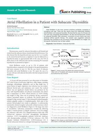 Citation: Kamijo K. Atrial Fibrillation in a Patient with Subacute Thyroiditis. Annals Thyroid Res. 2018; 4(2): 146-147.Annals Thyroid Res - Volume 4 Issue 2 - 2018
Submit your Manuscript | www.austinpublishinggroup.com
Kamijo. © All rights are reserved
Annals of Thyroid Research
Open Access
Abstract
Atrial fibrillation is the most common arrythmia worldwide, increasing in
prevalence with age. There are few reports about the relationship between
atrial fibrillation and subacute thyroiditis. We describe the case of a 54-year-old
man who had unexpected atrial fibrillation. He also had thyrotoxicosis caused
by subacute thyroiditis. After admission, conversion to sinus rhythm was soon
achieved without specific therapy. The present case suggested subacute
thyroiditis may contribute to the occurrence of atrial fibrillation as a trigger, but
the specific mechanism has not been settled.
Keywords: Atrial fibrillation; Subacute thyroiditis
Introduction
Thyrotoxicosis caused by subacute thyroiditis is self-limited and
results from the subacute release of preformed thyroid hormone. Our
data showed that the hyperthyroid state may last for 1 or 2 months
as the stored thyroid hormone is depleted. It may be followed by a
hypothyroid phase in approximately 60% of the cases, but 91% of
them return to the euthyroid state and the remaining 9% remained
hypothyroid, as presented in Figure 1.
Atrial fibrillation occurs in up to 15% of patients with
hyperthyroidism compared to 4% of people in the general population
and more common in men [1]. But the case report of subacute
thyroiditis with atrial fibrillation is rare. We report the case of a
54-year-old man with subacute thyroiditis who had unexpected atrial
fibrillation.
Case Report
A 54-year-old man presented to our observation in November
2017 with 10 days of neck pain, high fever, chills, fatigue, sweating,
dysphagia, odynophagia, palpitation, and an 8kg weight loss. A
recent history of upper respiratory tract infection was not evident.
Bilateral thyroid pain and tenderness were noted. Past medical
history was not significant. Family history was pertinent for his
niece with hyperthyroidism. On physical examination, the patient
had a temperature of 39.9o
C, blood pressure of 110/70 mmHg,
and weight of 55kg. There was no proptosis, lid lag, conjunctiva;
redness, periorbital edema, or erythema. His thyroid gland was
enlarged to 48g (normal range 15-35g) estimated by ultrasonography
without palpable nodules or lymphadenopathy. Both sides of the
anterior thyroid gland were tender to palpation. A cardiovascular
examination showed irregular tachycardia without murmurs which
was diagnosed as atrial fibrillation (Figure 2). His lungs were clear
to auscultation. Laboratory examination revealed the following
values: C-reactive protein 11.2mg/dL (reference <0.5), FT3 4.64pg/
mL (reference 2.00-4.40), FT4 2.58ng/dL(reference 0.80-1.90), TSH
<0.01μU/mL (reference 0.45-4.50), thyroglobulin 584.20ng/mL
(reference ≦33.7), thyroglobulin antibody 16.9IU/mL (reference
<40), thyroperoxidase antibody 13.7IU/mL (reference <52), TSH
Receptor Antibody (TRAb(ECLIA)) <0.3IU/L(reference 2.0). A
thyroid ultrasound showed an enlarged heterogeneous hypoechoic
Case Report
Atrial Fibrillation in a Patient with Subacute Thyroiditis
Keiichi Kamijo*
Kamijo Thyroid Clinic, Japan
*Corresponding author: Keiichi Kamijo, Kamijo
Thyroid Clinic, Japan
Received: June 01, 2018; Accepted: June 15, 2018;
Published: June 26, 2018
Thyrotoxic
phase Euthyroid
phase
Thyrotoxic phase Hypothyroid
phase
①
②
42.1%
57.9%
Frequency
ca 1 month(-3 months)
Ca 1 month(-4 months)
3 months(-10 months)
Thyroid Function
Recovery phase
(n=55)
(n=40)
ca 1 month(-2months)
Hyperthyroid
Hypothyroid
Euthyroid
Hyperthyroid
Euthyroid
*
Figure 1: Clinical course of 95 patients with subacute thyroiditis.
*
Seven (9%) of 78 patients with subacute thyroiditis remained hypothyroid
and levothyroxine was continued.
a) at initial visit when the patient was thyrotoxic.
b) 2 months after prednisolone withdrawal when the patient was euthyroid.
Figure 2: ECG showed a) atrial fibrillation at the initial visit and b) normal
sinus rhythm 2 months after prednisolone withdrawal.
 