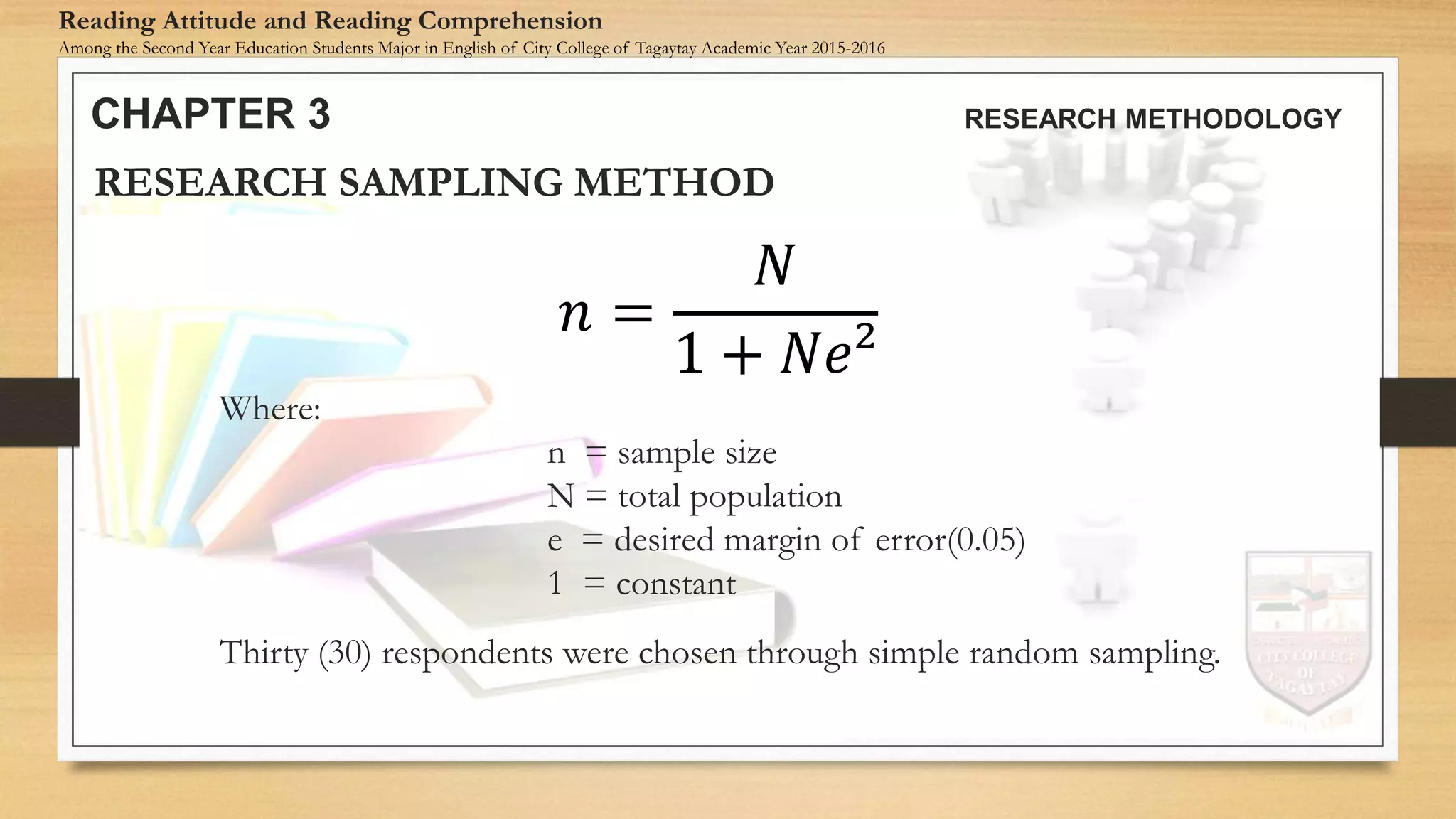 𝑛 =
𝑁
1 + 𝑁𝑒²
RESEARCH SAMPLING METHOD
CHAPTER 3 RESEARCH METHODOLOGY
Reading Attitude and Reading Comprehension
Among the Second Year Education Students Major in English of City College of Tagaytay Academic Year 2015-2016
Where:
n = sample size
N = total population
e = desired margin of error(0.05)
1 = constant
Thirty (30) respondents were chosen through simple random sampling.
 