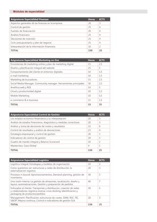 Asignaturas Especialidad Finanzas Horas ECTS
Aspectos generales de las finanzas en la empresa 20 3
Control de gestión 25 4
Fuentes de financiación 20 4
Análisis financiero 25 4
Decisiones de inversión 25 4
Ciclo presupuestario y plan de negocio 25 4
Interpretación de la información financiera 10 2
TOTAL 150 25
Asignaturas Especialidad Marketing on-line Horas ECTS
Ecosistemas de marketing online y plan de marketing digital 15 2,5
Diseño y planificación integral del website 25 5
Comportamiento del cliente en entornos digitales 10 1,5
e-mail marketing 10 1,5
Marketing de buscadores 15 2,5
Social Media Manager. Community manager. Herramientas principales 30 2,5
Analítica web y ROI 10 5
Cloud y productividad digital 10 1,5
Mobile Marketing 10 1,5
e-commerce & e-business 15 1,5
TOTAL 15 25
Módulos de especialidad
Asignaturas Especialidad Control de Gestión Horas ECTS
Los estados ecnómico-financieros y su interpretación 20 3
Análisis de estados financieros, diagnóstico y medidas correctoras 20 3
Análisis y toma de decisiones de costes y resultados 33 6
Control de resultados y análisis de desviaciones 23 4
Estrategia empresarial y control de gestión 20 3
Indicadores de control de gestión 20 3
Cuadro de mando integral y Balance Scorecard 10 2
Masterclass: Caso Global 4 1
TOTAL 150 25
Asignaturas Especialidad Logística Horas ECTS
Logística integral: Estrategias y modelos de organización 10 2
Como queremos ser: estructuras y redes de distribución, la
externalización logística
20 3
Procesos in bound: Aprovisionamientos, Demand planning, gestión de
inventarios
30 5
Una visión interna: La gestión de almacenes, localización, diseño y
layout, automatizaciones. Gestión y preparación de pedidos
40 7
Enfocados al cliente: Transportes y distribución, creación de redes
y colaboradores, logística inversa, cross docking, Identificación y
packaging de productos/pedidos
30 5
Management: Planificación, estructuras de costes, GMA, RSC, TIC,
S&OP, Mejora continua, Control e indicadores de gestión SLA
20 3
TOTAL 150 25
 