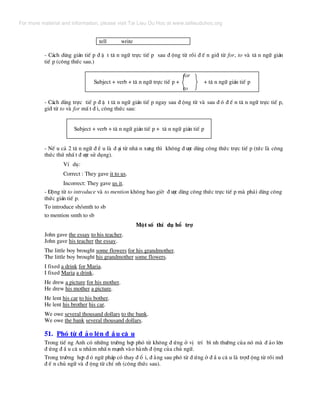 tell write
- C¸ch dïng gi¸n tiÕ p ® Æ t t© n ng÷ trùc tiÕ p sau ® éng tõ råi ® Õ n giíi tõ for, to vµ t© n ng÷ gi¸n
tiÕ p (c«ng thøc sau.)
for
Subject + verb + t© n ng÷ trùc tiÕ p + + t© n ng÷ gi¸n tiÕ p
to
- C¸ch dïng trùc tiÕ p ® Æ t t© n ng÷ gi¸n tiÕ p ngay sau ® éng tõ vµ sau ® ã ® Õ n t© n ng÷ trùc tiÕ p,
giíi tõ to vµ for mÊ t ® i, c«ng thøc sau:
Subject + verb + t© n ng÷ gi¸n tiÕ p + t© n ng÷ gi¸n tiÕ p
- NÕ u c¶ 2 t© n ng÷ ® Ò u lµ ® ¹i tõ nh© n x−ng th× kh«ng ® −îc dïng c«ng thøc trùc tiÕ p (tøc lµ c«ng
thøc thø nhÊ t ® −îc sö dông).
VÝ dô:
Correct : They gave it to us.
Incorrect: They gave us it.
- §éng tõ to introduce vµ to mention kh«ng bao giê ® −îc dïng c«ng thøc trùc tiÕ p mµ ph¶i dïng c«ng
thøc gi¸n tiÕ p.
To introduce sb/smth to sb
to mention smth to sb
Mét sè thÝ dô bæ trî
John gave the essay to his teacher.
John gave his teacher the essay.
The little boy brought some flowers for his grandmother.
The little boy brought his grandmother some flowers.
I fixed a drink for Maria.
I fixed Maria a drink.
He drew a picture for his mother.
He drew his mother a picture.
He lent his car to his bother.
He lent his brother his car.
We owe several thousand dollars to the bank.
We owe the bank several thousand dollars.
51. Phã tõ ® ¶o lªn ® Ç u c© u
Trong tiÕ ng Anh cã nh÷ng tr−êng hîp phã tõ kh«ng ® øng ë vÞ trÝ b× nh th−êng cña nã mµ ® ¶o lªn
® øng ® Ç u c© u nh»m nhÊ n m¹nh vµo hµnh ® éng cña chñ ng÷.
Trong tr−êng hîp ® ã ng÷ ph¸p cã thay ® æ i, ® »ng sau phã tõ ® øng ë ® Ç u c© u lµ trî® éng tõ råi míi
® Õ n chñ ng÷ vµ ® éng tõ chÝ nh (c«ng thøc sau).
For more material and information, please visit Tai Lieu Du Hoc at www.tailieuduhoc.org
 