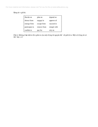 §éng tõ + giíi tõ.
Decide on
detract from
emerge from
participate in
confide in
plan on
engage in
escape from
remove from
pay for
depend on
approve of
succeed in
mingle with
rely on
Chó ý: Kh«ng ® −îc nhÇ m lÉ n gi÷a to cña mét ® éng tõ nguyªn thÓ víi giíi tõ to. Mét sè ® éng tõ cã
thÓ hoÆ c ®
For more material and information, please visit Tai Lieu Du Hoc at www.tailieuduhoc.org
 