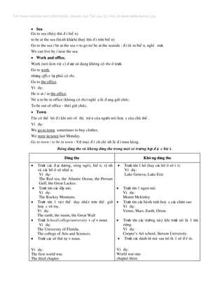 • Sea
Go to sea (thñy thñ ® i biÓ n)
to be at the sea (hµnh kh¸ch/ thuû thñ ® i trªn biÓ n)
Go to the sea / be at the sea = to go to/ be at the seaside : ® i t¾ m biÓ n, nghØ m¸t.
We can live by / near the sea.
• Work and office.
Work (n¬i lµm viÖ c) ® −îc sö dông kh«ng cã the ë tr−íc.
Go to work.
nh−ng office l¹i ph¶i cã the.
Go to the office.
VÝ dô:
He is at / in the office.
NÕ u to be in office (kh«ng cã the) nghÜ a lµ ® ang gi÷ chøc.
To be out of office - th«i gi÷ chøc.
• Town
The cã thÓ bá ® i khi nãi vÒ thÞ trÊ n cña ng−êi nãi hoÆ c cña chñ thÓ .
VÝ dô:
We go to town sometimes to buy clothes.
We were in town last Monday.
Go to town / to be in town - Víi môc ® Ý ch chÝ nh lµ ® i mua hµng.
B¶ng dïng the vµ kh«ng dïng the trong mét sè tr−êng hîp ® Æ c biÖ t.
Dïng the Kh« ng dïng the
• Tr−íc c¸c ® ¹i d−¬ng, s«ng ngßi, biÓ n, vÞ nh
vµ c¸c hå ë sè nhiÒ u.
VÝ dô:
The Red sea, the Atlantic Ocean, the Persian
Gulf, the Great Lackes.
• Tr−íc tªn c¸c d·y nói.
VÝ dô:
The Rockey Moutains.
• Tr−íc tªn 1 vË t thÓ duy nhÊ t trªn thÕ giíi
hoÆ c vò trô.
VÝ dô:
The earth, the moon, the Great Wall
• Tr−íc School/college/university + of + noun
VÝ dô:
The University of Florida.
The college of Arts and Sciences.
• Tr−íc c¸c sè thø tù + noun.
VÝ dô:
The first world war.
The third chapter.
• Tr−íc tªn 1 hå (hay c¸c hå ë sè Ý t).
VÝ dô:
Lake Geneva, Lake Erie
• Tr−íc tªn 1 ngän nói
VÝ dô:
Mount Mckinley
• Tr−íc tªn c¸c hµnh tinh hoÆ c c¸c chïm sao
VÝ dô:
Venus, Mars, Earth, Orion.
• Tr−íc tªn c¸c tr−êng nµy khi tr−íc nã lµ 1 tªn
riªng.
VÝ dô:
Cooper’s Art school, Stetson University.
• Tr−íc c¸c danh tõ mµ sau nã lµ 1 sè ® Õ m.
VÝ dô:
World war one
chapter three.
For more material and information, please visit Tai Lieu Du Hoc at www.tailieuduhoc.org
 