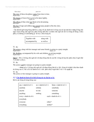 Plural subject plural verb
The view of these disciplines varies from time to time.
Singular subject singular verb
The danger of forest fires is not to be taken lightly.
Singular subject singular verb
The effects of that crime are likely to be devastating.
Plural subject plural verb
The fear of rape and robbery has caused many people to flee the cities.
Singular subject singular verb
- C¸c thµnh ng÷ trong b¶ng d−íi ® © y cïng víi c¸c danh tõ ® i ® »ng sau nã t¹o nªn hiÖ n t−îng ® ång chñ
ng÷. Côm ® ång chñ ng÷ nµy ph¶i ® øng t¸ch biÖ t ra khái chñ ng÷ chÝ nh vµ ® éng tõ b»ng 2 dÊ u
phÈ y vµ kh«ng cã ¶nh h−ëng g× tíi viÖ c chia ® éng tõ.
Together with along with
accompanied by as well as
VÝ dô:
The actress, along with her manager and some friends, is going to a party tonight.
Singular subject singular verb
Mr. Robbins, accompanied by his wife and children, is arriving tonight.
Singular subject singular verb
L−u ý: - NÕ u 2 ® ång chñ ng÷ nèi víi nhau b»ng liªn tõ and th× ® éng tõ lË p tøc ph¶i chia ë ng«i thø
3 sè nhiÒ u (they).
VÝ dô:
The actress and her manager are going to a party tonight.
- nh−ng nÕ u 2 ® ång chñ ng÷ nèi víi nhau b»ng liªn tõ or th× ® éng tõ sÏph¶i chia theo danh
tõ ® øng sau or. NÕ u ® ã lµ danh tõ sè Ý t th× ph¶i chia ë ng«i thø 3 sè Ý t vµ ng−îc l¹i.
VÝ dô:
The actress or her manager is going to a party tonight.
3.2 C¸c danh tõ lu«n ® ßi hái ® éng tõ vµ ® ¹i tõ sè it.
§ã lµ c¸c ® éng tõ trong b¶ng sau:
any + danh tõ sè Ý t no + danh tõ sè Ý t Some + danh tõ sè Ý t
anybody nobody somebody
anyone no one someone
anything nothing something
every + danh tõ sè it each + danh tõ sè Ý t
everybody
everyone either*
everything neither*
For more material and information, please visit Tai Lieu Du Hoc at www.tailieuduhoc.org
 