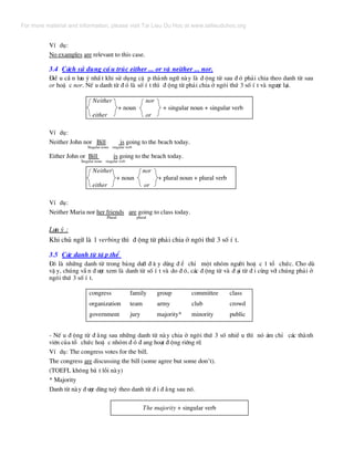 VÝ dô:
No examples are relevant to this case.
3.4 C¸ch sö dông cÊ u tróc either ... or vµ neither ... nor.
§iÒ u cÇ n l−u ý nhÊ t khi sö dông cÆ p thµnh ng÷ nµy lµ ® éng tõ sau ® ã ph¶i chia theo danh tõ sau
or hoÆ c nor. NÕ u danh tõ ® ã lµ sè Ý t th× ® éng tõ ph¶i chia ë ng«i thø 3 sè Ý t vµ ng−îc l¹i.
Neither nor
+ noun + singular noun + singular verb
either or
VÝ dô:
Neither John nor Bill is going to the beach today.
Singular noun singular verb
Either John or Bill is going to the beach today.
Singular noun singular verb
Neither nor
+ noun + plural noun + plural verb
either or
VÝ dô:
Neither Maria nor her friends are going to class today.
Plural plural
L−u ý :
Khi chñ ng÷ lµ 1 verbing th× ® éng tõ ph¶i chia ë ng«i thø 3 sè Ý t.
3.5 C¸c danh tõ tË p thÓ
§ã lµ nh÷ng danh tõ trong b¶ng d−íi ® © y dïng ® Ó chØ mét nhãm ng−êi hoÆ c 1 tæ chøc. Cho dï
vË y, chóng vÉ n ® −îc xem lµ danh tõ sè Ý t vµ do ® ã, c¸c ® éng tõ vµ ® ¹i tõ ® i cïng víi chóng ph¶i ë
ng«i thø 3 sè Ý t.
congress family group committee class
organization team army club crowd
government jury majority* minority public
- NÕ u ® éng tõ ® »ng sau nh÷ng danh tõ nµy chia ë ng«i thø 3 sè nhiÒ u th× nã ¸m chØ c¸c thµnh
viªn cña tæ chøc hoÆ c nhãm ® ã ® ang ho¹t ® éng riªng rÏ.
VÝ dô: The congress votes for the bill.
The congress are discussing the bill (some agree but some don’t).
(TOEFL kh«ng b¾ t lçi nµy)
* Majority
Danh tõ nµy ® −îc dïng tuú theo danh tõ ® i ® »ng sau nã.
The majority + singular verb
For more material and information, please visit Tai Lieu Du Hoc at www.tailieuduhoc.org
 