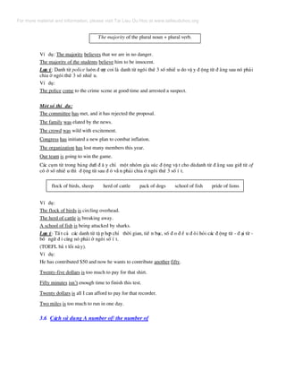 The majority of the plural noun + plural verb.
VÝ dô: The majority believes that we are in no danger.
The majority of the students believe him to be innocent.
L−u ý: Danh tõ police lu«n ® −îc coi lµ danh tõ ng«i thø 3 sè nhiÒ u do vË y ® éng tõ ® »ng sau nã ph¶i
chia ë ng«i thø 3 sè nhiÒ u.
VÝ dô:
The police come to the crime scene at good time and arrested a suspect.
Mét sè thÝ dô:
The committee has met, and it has rejected the proposal.
The family was elated by the news.
The crowd was wild with excitement.
Congress has initiated a new plan to combat inflation.
The organization has lost many members this year.
Our team is going to win the game.
C¸c côm tõ trong b¶ng d−íi ® © y chØ mét nhãm gia sóc ® éng vË t cho dïdanh tõ ® »ng sau giíi tõ of
cã ë sè nhiÒ u th× ® éng tõ sau ® ã vÉ n ph¶i chia ë ng«i thø 3 sè Ý t.
flock of birds, sheep herd of cattle pack of dogs school of fish pride of lions
VÝ dô:
The flock of birds is circling overhead.
The herd of cattle is breaking away.
A school of fish is being attacked by sharks.
L−u ý: TÊ t c¶ c¸c danh tõ tË p hîp chØ thêi gian, tiÒ n b¹c, sè ® o ® Ò u ® ßi hái c¸c ® éng tõ - ® ¹i tõ -
bæ ng÷ ® i cïng nã ph¶i ë ng«i sè Ý t.
(TOEFL b¾ t lçi nµy).
VÝ dô:
He has contributed $50 and now he wants to contribute another fifty.
Twenty-five dollars is too much to pay for that shirt.
Fifty minutes isn’t enough time to finish this test.
Twenty dollars is all I can afford to pay for that recorder.
Two miles is too much to run in one day.
3.6 C¸ch sö dông A number of/ the number of
For more material and information, please visit Tai Lieu Du Hoc at www.tailieuduhoc.org
 