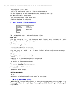This is my book = This is mine.
Your teacher is the same as his teacher = Yours is as the same as his.
Her dress is green and my dress is red = Hers is green is green and mine is red.
Our books are heavy = Ours are heavy.
Their coasts are too small. Theirs are too small.
I forgot my homework = I forgot mine.
4.5 §¹i tõ ph¶n th© n (reflexive pronoun)
myself ourselves
yourself yourselves
himself themselves
herself
itself
L−u ý: ë c¸c ng«i sè nhiÒ u, ® u«i - self biÕ n thµnh - selves.
Chøc n¨ng:
- ChØ chñ ng÷ lµm viÖ c g× ® ã cho chÝ nh m× nh. Trong tr−êng hîp nµy nã ® øng ngay sau ® éng tõ
hoÆ c ® øng ë cuèi c© u sau giíi tõ for hoÆ c to.
VÝ dô:
He sent the letter to himself.
You can see the differences for yourselves.
- ChØ chñ ng÷ tù th© n lµm lÊ y 1 viÖ c g× . Trong tr−êng hîp nµy nã ® øng ® »ng sau chñ ng÷ hoÆ c
cuèi c© u khi nãi.
VÝ dô:
I myself believe that the proposal is good.
He himself set out to break the long distance flying record.
She prepared the nine-course meal herself.
The students themselves decorated the room.
You yourself must do this homework.
John himself bought this gifts.
By + one-self = alone.
VÝ dô:
John washed the dishes by himself = John washed the dishes alone.
5. §éng tõ dïng lµm t© n ng÷
- Kh«ng ph¶i bÊ t cø ® éng tõ nµo trong tiÕ ng Anh còng ® ßi hái 1 danh tõ hoÆ c ® ¹i tõ theo sau nã
lµm t© n ng÷. Cã mét sè ® éng tõ l¹i yªu cÇ u t© n ng÷ sau nã ph¶i lµ mét ® éng tõ kh¸c. Chóng chia
lµm 2 lo¹i sau:
For more material and information, please visit Tai Lieu Du Hoc at www.tailieuduhoc.org
 