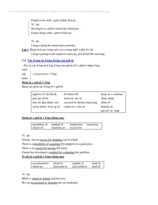 Forget to do smth : quªn sÏph¶i lµm g× .
VÝ dô:
He forgets to call his friend this afternoon.
Forget doing smth : quªn ® ·lµm g× .
VÝ dô:
I forget doing the homework yesterday.
L−u ý: §éng tõ forget trong mÉ u c© u mang nghÜ a phñ ® Þ nh.
I forget getting to the airport to meet my girl-friend this morning.
5.4 C¸c ® éng tõ ® øng ® »ng sau giíi tõ
- TÊ t c¶ c¸c ® éng tõ ® øng ® »ng sau giíi tõ ® Ò u ph¶i ë d¹ng Ving.
verb
adj. + preposition + Ving
noun
§éng tõ + giíi tõ + Ving
B¶ng sau gåm c¸c ® éng tõ + giíi tõ.
approve of: t¸n thµnh
give up: tõ bá
rely on: phô thuéc vµo
worry about: lo l¾ ng vÒ
be better off:
insist on: nµi nØ
succeed in: thµnh c«ng trong
count on = rely on
keep on = continue
think about
think of
depend on
put off: tr× ho·n
Danh tõ + giíi tõ + Ving (b¶ng sau)
possibility of
choice of
method of
intention of
method for
excuse for
reason for
VÝ dô:
George has no excuse for dropping out of school.
There is a possibility of acquiring this property at a good price.
There is no reason for leaving this early.
Connie has developed a method for evaluating this problem.
TÝ nh tõ + giíi tõ + Ving (b¶ng sau)
accustomed to
intent on
afraid of
interested in
capable of
successful in
fond of
tired of
VÝ dô:
Mitch is afraid of getting married now.
We are accustomed to sleeping late on weekends.
For more material and information, please visit Tai Lieu Du Hoc at www.tailieuduhoc.org
 