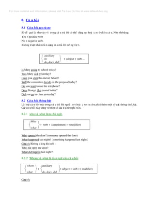 8. C© u hái
8.1 C© u hái yes vµ no
Së dÜ gäi lµ nh−vË y v× trong c© u tr¶ lêi cã thÓ dïng yes hoÆ c no ë ® Ç u c© u. Nªn nhír»ng:
Yes + positive verb
No + negative verb.
Kh«ng ® −îc nhÇ m lÉ n d¹ng c© u tr¶ lêi tiÕ ng viÖ t.
auxiliary
be + subject + verb ...
do, does, did
Is Mary going to school today?
Was Mary sick yesterday?
Have you seen this movie before?
Will the committee decide on the proposal today?
Do you want to use the telephone?
Does George like peanut butter?
Did you go to class yesterday?
8.2 C© u hái th«ng b¸o
Lµ lo¹i c© u hái mµ trong c© u tr¶ lêi ngoµi yes hoÆ c no ra cßn ph¶i thªm mét sè c¸c th«ng tin kh¸c.
C¸c c© u hái nµy dïng víi mét sè c¸c ® ¹i tõ nghi vÊ n.
8.2.1 who vµ what lµm chñ ng÷.
Who
+ verb + (complement) + (modifier)
what
Who opened the door? (someone opened the door)
What happened last night? (something happened last night.)
Chó ý: Kh«ng ® óng khi nãi :
Who did open the door?
What did happen last night?
8.2.2 Whom vµ what lµ t© n ng÷ cña c© u hái
whom auxiliary
+ + subject + verb + ( modifier)
what do, does, did
Chó ý:
For more material and information, please visit Tai Lieu Du Hoc at www.tailieuduhoc.org
 