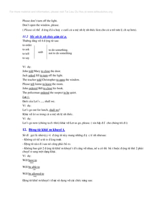 Please don’t turn off the light.
Don’t open the window, please.
( Please cã thÓ ® øng ® Ç u hoÆ c cuèi c© u mÖ nh lÖ nh thøc lµm cho c© u trë nªn lÞ ch sù h¬n).
11.2 MÖ nh lÖ nh thøc gi¸n tiÕ p.
Th−êng dïng víi 4 ® éng tõ sau:
to order
to ask
to tell
to say
smb
to do something.
not to do something
VÝ dô:
John told Mary to close the door.
Jack asked Jill to turn off the light.
The teacher told Christopher to open the window.
Please tell Jaime to leave the room.
John ordered Bill to close his book.
The policeman ordered the suspect to be quiet.
L−u ý:
§u«i cña Let’s ...., shall we.
VÝ dô:
Let’s go out for lunch, shall we?
Kh¸c víi let us trong c© u mÖ nh lÖ nh thøc.
VÝ dô:
Let’s go now (chóng ta ® i th«i) kh¸c víi Let us go, please. ( xin h·y ® Ó cho chóng t«i ® i)
12. §éng tõ khiÕ m khuyÕ t.
Së dÜ gäi lµ nh−vË y v× ® éng tõ nµy mang nh÷ng ® Æ c tÝ nh nh−sau:
- Kh«ng cã tiÓ u tõ to ® »ng tr−íc.
- §éng tõ nµo ® i sau nã còng ph¶i bá to.
- Kh«ng bao giê 2 ® éng tõ khiÕ m khuyÕ t ® i cïng víi nhau, nÕ u cã th× b¾ t buéc ® éng tõ thø 2 ph¶i
chuyÓ n sang mét d¹ng kh¸c.
VÝ dô:
Will have to
must
Will be able to
can
Will be allowed to
may
§éng tõ khiÕ m khuyÕ t ® −îc sö dông víi c¸c chøc n¨ng sau:
For more material and information, please visit Tai Lieu Du Hoc at www.tailieuduhoc.org
 