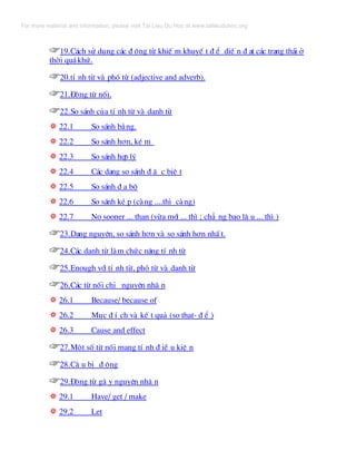 ☞☞19.C¸ch sö dông c¸c ® éng tõ khiÕ m khuyÕ t ® Ó diÕ n ® ¹t c¸c tr¹ng th¸i ë
thêi qu¸khø.
☞☞20.tÝ nh tõ vµ phã tõ (adjective and adverb).
☞☞21.§éng tõ nèi.
☞☞22.So s¸nh cña tÝ nh tõ vµ danh tõ
❂❂ 22.1 So s¸nh b»ng.
❂❂ 22.2 So s¸nh h¬n, kÐ m
❂❂ 22.3 So s¸nh hîp lý
❂❂ 22.4 C¸c d¹ng so s¸nh ® Æ c biÖ t
❂❂ 22.5 So s¸nh ® a bé
❂❂ 22.6 So s¸nh kÐ p (cµng ....th× cµng)
❂❂ 22.7 No sooner ... than (võa míi ... th× ; ch¼ ng bao l© u ... th× )
☞☞23.D¹ng nguyªn, so s¸nh h¬n vµ so s¸nh h¬n nhÊ t.
☞☞24.C¸c danh tõ lµm chøc n¨ng tÝ nh tõ
☞☞25.Enough víi tÝ nh tõ, phã tõ vµ danh tõ
☞☞26.C¸c tõ nèi chØ nguyªn nh© n
❂❂ 26.1 Because/ because of
❂❂ 26.2 Môc ® Ý ch vµ kÕ t qu¶ (so that- ® Ó )
❂❂ 26.3 Cause and effect
☞☞27.Mét sè tõ nèi mang tÝ nh ® iÒ u kiÖ n
☞☞28.C© u bÞ ® éng
☞☞29.§éng tõ g© y nguyªn nh© n
❂❂ 29.1 Have/ get / make
❂❂ 29.2 Let
For more material and information, please visit Tai Lieu Du Hoc at www.tailieuduhoc.org
 