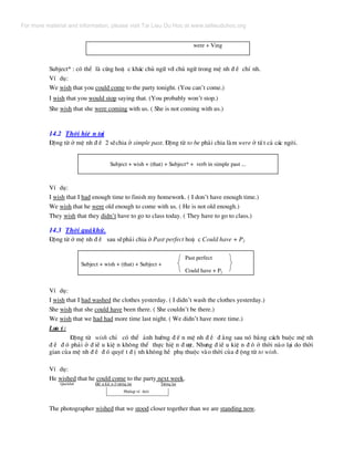 were + Ving
Subject* : cã thÓ lµ cïng hoÆ c kh¸c chñ ng÷ víi chñ ng÷ trong mÖ nh ® Ò chÝ nh.
VÝ dô:
We wish that you could come to the party tonight. (You can’t come.)
I wish that you would stop saying that. (You probably won’t stop.)
She wish that she were coming with us. ( She is not coming with us.)
14.2 Thêi hiÖ n t¹i
§éng tõ ë mÖ nh ® Ò 2 sÏchia ë simple past. §éng tõ to be ph¶i chia lµm were ë tÊ t c¶ c¸c ng«i.
Subject + wish + (that) + Subject* + verb in simple past ...
VÝ dô:
I wish that I had enough time to finish my homework. ( I don’t have enough time.)
We wish that he were old enough to come with us. ( He is not old enough.)
They wish that they didn’t have to go to class today. ( They have to go to class.)
14.3 Thêi qu¸khø.
§éng tõ ë mÖ nh ® Ò sau sÏph¶i chia ë Past perfect hoÆ c Could have + P2
Past perfect
Subject + wish + (that) + Subject +
Could have + P2
VÝ dô:
I wish that I had washed the clothes yesterday. ( I didn’t wash the clothes yesterday.)
She wish that she could have been there. ( She couldn’t be there.)
We wish that we had had more time last night. ( We didn’t have more time.)
L−u ý:
§éng tõ wish chØ cã thÓ ¶nh h−ëng ® Õ n mÖ nh ® Ò ® »ng sau nã b»ng c¸ch buéc mÖ nh
® Ò ® ã ph¶i ë ® iÒ u kiÖ n kh«ng thÓ thùc hiÖ n ® −îc. Nh−ng ® iÒ u kiÖ n ® ã ë thêi nµo l¹i do thêi
gian cña mÖ nh ® Ò ® ã quyÕ t ® Þ nh kh«ng hÒ phô thuéc vµo thêi cña ® éng tõ to wish.
VÝ dô:
He wished that he could come to the party next week.
Qu¸khø §iÒ u kiÖ n ë t−¬ng lai T−¬ng lai
Phïhîp vÒ thêi
The photographer wished that we stood closer together than we are standing now.
For more material and information, please visit Tai Lieu Du Hoc at www.tailieuduhoc.org
 