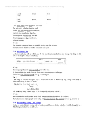 good
well
bad
badly
better
worse
best
worst
I feel much better today than I did last week.
The university is farther than the mall.
He has less time now than he had before.
Marjorie has more books than Sue.
This magazine is better than that one.
He acts worse now than ever before.
+ further = more.
VÝ dô:
The distance from your house to school is farther than that of mine.
He will come to the US for further education next year.
22.5 So s¸nh ® a bé
Lµ lo¹i so s¸nh gÊ p r−ìi, gÊ p ® «i, gÊ p 3. Nªn nhír»ng trong cÊ u tróc nµy kh«ng ® −îc dïng so s¸nh
h¬n kÐ m mµ ph¶i dïng so s¸nh b»ng.
Subject + verb + béi sè + as +
much
+ noun + as +
many
noun
pronoun
VÝ dô:
This encyclopedia costs twice as much as the other one.
At the clambake last week, Fred ate three times as many oysters as Barney.
Jerome has half as many records now as I had last year.
L−u ý:
- Khi dïng so s¸nh lo¹i nµy ph¶i x¸c ® Þ nh râ danh tõ ® ã lµ ® Õ m ® −îc hay kh«ng ® Õ m ® −îc v×
® »ng tr−íc chóng cã much vµ many.
- C¸c cÊ u tróc twice that much ...
many
(gÊ p ® «i sè ® ã)
chØ ® −îc dïng trong v¨n nãi, tuyÖ t ® èi kh«ng ® −îc dïng trong v¨n viÕ t.
VÝ dô:
We had expected eighty people at the rally, but twice that many showed up. (v¨n nãi)
We had expected eighty people at the rally, but twice as many as that number showed up. (v¨n viÕ t)
22.6 So s¸nh kÐ p (cµng ....th× cµng)
Nh÷ng c© u nµy b¾ t ® Ç u b»ng mét cÊ u tróc so s¸nh h¬n, vµ do ® ã mÖ nh ® Ò thø 2 còng ph¶i b¾ t
® Ç u b»ng mét cÊ u tróc so s¸nh h¬n.
For more material and information, please visit Tai Lieu Du Hoc at www.tailieuduhoc.org
 