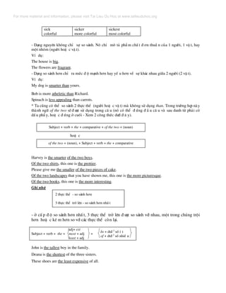 sick
colorful
sicker
more colorful
sickest
most colorful
- D¹ng nguyªn kh«ng chØ sù so s¸nh. Nã chØ m« t¶ phÈ m chÊ t ® ¬n thuÇ n cña 1 ng−êi, 1 vË t, hay
mét nhãm (ng−êi hoÆ c vË t).
VÝ dô:
The house is big.
The flowers are fragrant.
- D¹ng so s¸nh h¬n chØ ra møc ® é m¹nh h¬n hay yÕ u h¬n vÒ sù kh¸c nhau gi÷a 2 ng−êi (2 vË t).
VÝ dô:
My dog is smarter than yours.
Bob is more atheletic than Richard.
Spinach is less appealing than carrots.
* Ta còng cã thÓ so s¸nh 2 thùc thÓ (ng−êi hoÆ c vË t) mµ kh«ng sö dông than. Trong tr−êng hîp nµy
thµnh ng÷ of the two sÏ ® −îc sö dông trong c© u (nã cã thÓ ® øng ® Ç u c© u vµ sau danh tõ ph¶i cã
dÊ u phÈ y, hoÆ c ® øng ë cuèi - Xem 2 c«ng thøc d−íi ® © y).
Subject + verb + the + comparative + of the two + (noun)
hoÆ c
of the two + (noun), + Subject + verb + the + comparative
Harvey is the smarter of the two boys.
Of the two shirts, this one is the prettier.
Please give me the smaller of the two pieces of cake.
Of the two landscapes that you have shown me, this one is the more picturesque.
Of the two books, this one is the more interesting.
Ghi nhí:
2 thùc thÓ - so s¸nh h¬n
3 thùc thÓ trë lªn - so s¸nh h¬n nhÊ t
- ë cÊ p ® é so s¸nh h¬n nhÊ t, 3 thùc thÓ trë lªn ® −îc so s¸nh víi nhau, mét trong chóng tréi
h¬n hoÆ c kÐ m h¬n so víi c¸c thùc thÓ cßn l¹i.
adj+ est
Subject + verb + the + most + adj +
least + adj
In + dt® 2
sè Ý t
of + dt® 2
sè nhiÒ u
John is the tallest boy in the family.
Deana is the shortest of the three sisters.
These shoes are the least expensive of all.
For more material and information, please visit Tai Lieu Du Hoc at www.tailieuduhoc.org
 