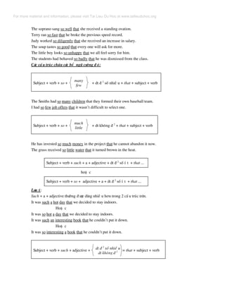 The soprano sang so well that she received a standing ovation.
Terry ran so fast that he broke the previous speed record.
Judy worked so diligently that she received an increase in salary.
The soup tastes so good that every one will ask for more.
The little boy looks so unhappy that we all feel sorry for him.
The students had behaved so badly that he was dismissed from the class.
C¸c cÊ u tróc chøa c¸c bæ ng÷ c−êng ® é:
Subject + verb + so + + dt ® 2
sè nhiÒ u + that + subject + verb
The Smiths had so many children that they formed their own baseball team.
I had so few job offers that it wasn’t difficult to select one.
Subject + verb + so + + dt kh«ng ® 2
+ that + subject + verb
He has invested so much money in the project that he cannot abandon it now.
The grass received so little water that it turned brown in the heat.
Subject + verb + such + a + adjective + dt ® 2
sè Ý t + that ...
hoÆ c
Subject + verb + so + adjective + a + dt ® 2
sè Ý t + that ...
L−u ý:
Such + a + adjective th−êng ® −îc dïng nhiÒ u h¬n trong 2 cÊ u tróc trªn.
It was such a hot day that we decided to stay indoors.
HoÆ c
It was so hot a day that we decided to stay indoors.
It was such an interesting book that he couldn’t put it down.
HoÆ c
It was so interesting a book that he couldn’t put it down.
Subject + verb + such + adjective + + that + subject + verb
much
little
dt ® 2
sè nhiÒ u
dt kh«ng ® 2
many
few
For more material and information, please visit Tai Lieu Du Hoc at www.tailieuduhoc.org
 