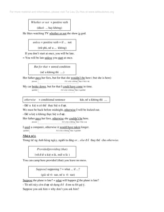 Whether or not + positive verb
(dïcã ... hay kh«ng)
He likes watching TV whether or not the show is god.
unless + positive verb = if ... not
(trõ phi, nÕ u ... kh«ng)
If you don’t start at once, you will be late.
= You will be late unless you start at once.
But for that + unreal condition
(nÕ u kh«ng th× ....)
Her father pays her fees, but for that she wouldn’t be here ( but she is here)
present ® iÒ u kiÖ n kh«ng thùc ë hiÖ n t¹i
My car broke down, but for that I could have come in time.
qu¸khø ® iÒ u kiÖ n kh«ng thùc ë qu¸khø
otherwise + conditional sentence kÎo, nÕ u kh«ng th× ....
- §iÒ u kiÖ n cã thÓ thùc hiÖ n ® −îc.
We must be back before midnight, otherwise I will be locked out.
- §iÒ u kiÖ n kh«ng thùc hiÖ n ® −îc.
Her father pays her fees, otherwise she couldn’t be here.
present ® iÒ u kiÖ n kh«ng thùc ë hiÖ n t¹i
I used a computer, otherwise it would have taken longer.
qu¸khø ® iÒ u kiÖ n kh«ng thùc ë qu¸khø
NhË n xÐ t.
Trong tiÕ ng Anh hµng ngµy, ng−êi ta dïng or... else ® Ó thay thÕ cho otherwise.
Provided/providing (that)
(víi ® iÒ u kiÖ n lµ, miÔ n lµ )
You can camp here provided (that) you leave no mess.
Suppose/ supposing ? = what ... if ...?
(gi¶ sö v× sao, nÕ u v× sao)
Suppose the plane is late? = what will happen if the plane is late?
- Tõ nèi nµy cßn ® −îc sö dông ® Ó ® em ra lêi gîi ý.
Suppose you ask him = why don’t you ask him?
For more material and information, please visit Tai Lieu Du Hoc at www.tailieuduhoc.org
 