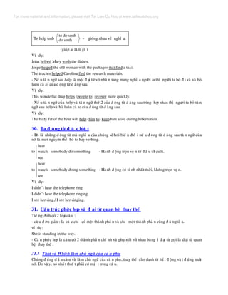 To help smb - gièng nhau vÒ nghÜ a.
(gióp ai lµm g× )
VÝ dô:
John helped Mary wash the dishes.
Jorge helped the old woman with the packages (to) find a taxi.
The teacher helped Carolina find the research materials.
- NÕ u t© n ng÷ sau help lµ mét ® ¹i tõ v« nh© n x−ng mang nghÜ a ng−êi ta th× ng−êi ta bá ® i vµ vµ bá
lu«n c¶ to cña ® éng tõ ® »ng sau.
VÝ dô:
This wonderful drug helps (people to) recover more quickly.
- NÕ u t© n ng÷ cña help vµ t© n ng÷ thø 2 cña ® éng tõ ® »ng sau trïng hîp nhau th× ng−êi ta bá t© n
ng÷ sau help vµ bá lu«n c¶ to cña ® éng tõ ® »ng sau.
VÝ dô:
The body fat of the bear will help (him to) keep him alive during hibernation.
30. Ba ® éng tõ ® Æ c biÖ t
- §ã lµ nh÷ng ® éng tõ mµ nghÜ a cña chóng sÏh¬i biÕ n ® æ i nÕ u ® éng tõ ® »ng sau t© n ng÷ cña
nã lµ mét nguyªn thÓ bá to hay verbing.
hear
to watch somebody do something - Hµnh ® éng trän vÑ n tõ ® Ç u tíi cuèi.
see
hear
to watch somebody doing something - Hµnh ® éng cã tÝ nh nhÊ t thêi, kh«ng trän vÑ n.
see
to do smth
do smth
VÝ dô:
I didn’t hear the telephone ring.
I didn’t hear the telephone ringing.
I see her sing./ I see her singing.
31. CÊu tróc phøc hîp vµ ® ¹i tõ quan hÖ thay thÕ
TiÕ ng Anh cã 2 lo¹i c© u :
- c© u ® ¬n gi¶n : lµ c© u chØ cã mét thµnh phÇ n vµ chØ mét thµnh phÇ n còng ® ñ nghÜ a.
vÝ dô:
She is standing in the way.
- C© u phøc hîp lµ c© u cã 2 thµnh phÇ n chÝ nh vµ phô nèi víi nhau b»ng 1 ® ¹i tõ gäi lµ ® ¹i tõ quan
hÖ thay thÕ .
31.1 That vµ Which lµm chñ ng÷ cña c© u phô
Chóng ® øng ® Ç u c© u vµ lµm chñ ng÷ cña c© u phô, thay thÕ cho danh tõ bÊ t ® éng vË t ® øng tr−íc
nã. Do vË y, nã nhÊ t thiÕ t ph¶i cã mÆ t trong c© u.
For more material and information, please visit Tai Lieu Du Hoc at www.tailieuduhoc.org
 
