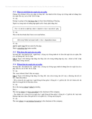31.2 That vµ wich lµm t© n ng÷ cña c© u phô
Chóng vÉ n ® øng ë ® Ç u c© u phô vµ thay thÕ cho danh tõ bÊ t ® éng vË t ® øng tr−íc nã nh−ng lµm
t© n ng÷. Do vË y, nã cã thÓ bá ® i ® −îc.
VÝ dô:
George is going to buy the house that we have been thinking of buying.
Ngoµi ra, trong mét sè tr−êng hîp ng−êi ta b¾ t buéc ph¶i dïng that.
The + tÝ nh tõ so s¸nh bË c nhÊ t + danh tõ + that + mÖ nh ® Ò phô
VÝ dô:
This is the best book that I have ever read before.
All/ every/ little/ no/ none/ smth + that + dependent clause
VÝ dô:
All the apples that fall are eaten by the pigs.
That’s something that looks terrible.
31.3 Who lµm chñ ng÷ cña c© u phô
Nã thay thÕ cho danh tõ chØ ng−êi hoÆ c ® éng vË t ® øng tr−íc nã vµ lµm chñ ng÷ cña c© u phô. Do
® ã, nã kh«ng thÓ bá ® i ® −îc.
L−u ý: TuyÖ t ® èi kh«ng ® −îc dïng that thay cho who trong tr−êng hîp nµy mÆ c dïnã cã thÓ ® −îc
chÊ p nhË n trong v¨n nãi.
31.4 Whom lµm t© n ng÷ cña c© u phô
Nã thay thÕ cho danh tõ chØ ng−êi hoÆ c ® éng vË t ® øng ngay tr−íc nã nh−ng lµm t© n ng÷ cña c© u
phô. Do ® ã, nã cã thÓ bá ® i ® −îc.
VÝ dô:
The man (whom) I don’t like are angry.
L−u ý: TuyÖ t ® èi kh«ng ® −îc dïng who thay thÕ cho whom trong v¨n viÕ t mÆ c dïtrong v¨n nãi cã
thÓ ® −îc chÊ p nhË n.
- NÕ u whom lµ t© n ng÷ cña 1 ng÷ ® éng tõ bao gåm 1 ® éng tõ + 1 giíi tõ, th× lèi viÕ t hoµn chØ nh
nhÊ t lµ ® −a giíi tõ ® ã lªn trªn whom.
VÝ dô:
He is the man to whom I talked yesterday.
HoÆ c
The man to whom you have just talked is the chairman of the company.
- Tuy nhiªn, nÕ u whom lµ t© n ng÷ cña 1 ng÷ ® éng tõ bao gåm 1 ® éng tõ + 2 giíi tõ, th× luË t trªn
kh«ng ® −îc tu© n theo. Hai giíi tõ ® ã vÉ n ph¶i ® Æ t ® »ng sau ® éng tõ.
VÝ du:
The man whom you are looking forward to is the chairman of the company.
For more material and information, please visit Tai Lieu Du Hoc at www.tailieuduhoc.org
 