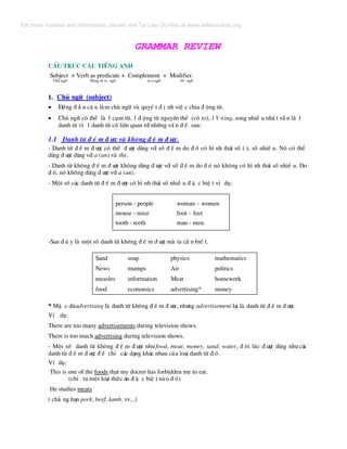 GRAMMAR REVIEW
CÊu tróc c©u tiÕng Anh
Subject + Verb as predicate + Complement + Modifier.
Chñ ng÷ §éng tõ vÞ ng÷ t© n ng÷ bæ ng÷
Chñ ng÷ (subject)1.
• §øng ® Ç u c© u lµm chñ ng÷ vµ quyÕ t ® Þ nh viÖ c chia ® éng tõ.
• Chñ ng÷ cã thÓ lµ 1 côm tõ, 1 ® éng tõ nguyªn thÓ (cã to), 1 V+ing, song nhiÒ u nhÊ t vÉ n lµ 1
danh tõ v× 1 danh tõ cã liªn quan tíi nh÷ng vÊ n ® Ò sau:
1.1 Danh tõ ® Õ m ® −îc vµ kh«ng ® Õ m ® −îc.
- Danh tõ ® Õ m ® −îc cã thÓ ® −îc dïng víi sè ® Õ m do ® ã cã h× nh th¸i sè Ý t, sè nhiÒ u. Nã cã thÓ
dïng ® −îc dïng víi a (an) vµ the.
- Danh tõ kh«ng ® Õ m ® −îc kh«ng dïng ® −îc víi sè ® Õ m do ® ã nã kh«ng cã h× nh th¸i sè nhiÒ u. Do
® ã, nã kh«ng dïng ® −îc víi a (an).
- Mét sè c¸c danh tõ ® Õ m ® −îc cã h× nh th¸i sè nhiÒ u ® Æ c biÖ t vÝ dô:
person - people woman – women
mouse - mice foot – feet
tooth - teeth man - men.
-Sau ® © y lµ mét sè danh tõ kh«ng ® Õ m ® −îc mµ ta cÇ n biÕ t.
Sand soap physics mathematics
News mumps Air politics
measles information Meat homework
food economics advertising* money
* MÆ c dïadvertising lµ danh tõ kh«ng ® Õ m ® −îc, nh−ng advertisement l¹i lµ danh tõ ® Õ m ® −îc.
VÝ dô:
There are too many advertisements during television shows.
There is too much advertising during television shows.
- Mét sè danh tõ kh«ng ® Õ m ® −îc nh− food, meat, money, sand, water, ® «i lóc ® −îc dïng nh− c¸c
danh tõ ® Õ m ® −îc ® Ó chØ c¸c d¹ng kh¸c nhau cña lo¹i danh tõ ® ã.
VÝ dô:
This is one of the foods that my doctor has forbidden me to eat.
(chØ ra mét lo¹i thøc ¨n ® Æ c biÖ t nµo ® ã)
He studies meats
( ch¼ ng h¹n pork, beef, lamb. vv...)
For more material and information, please visit Tai Lieu Du Hoc at www.tailieuduhoc.org
 