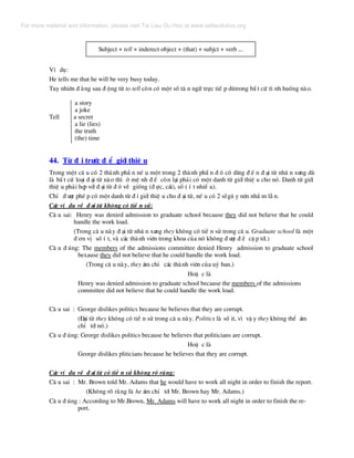 Subject + tell + inderect object + (that) + subjct + verb ...
VÝ dô:
He tells me that he will be very busy today.
Tuy nhiªn ® »ng sau ® éng tõ to tell cßn cã mét sè t© n ng÷ trùc tiÕ p dïtrong bÊ t cø t× nh huèng nµo.
a story
a joke
Tell a secret
a lie (lies)
the truth
(the) time
44. Tõ ® i tr−íc ® Ó giíi thiÖ u
Trong mét c© u cã 2 thµnh phÇ n nÕ u mét trong 2 thµnh phÇ n ® ã cã dïng ® Õ n ® ¹i tõ nh© n x−ng dï
lµ bÊ t cø lo¹i ® ¹i tõ nµo th× ë mÖ nh ® Ò cßn l¹i ph¶i cã mét danh tõ giíi thiÖ u cho nã. Danh tõ giíi
thiÖ u ph¶i hîp víi ® ¹i tõ ® ã vÒ gièng (® ùc, c¸i), sè ( Ý t nhiÒ u).
ChØ ® −îc phÐ p cã mét danh tõ ® i giíi thiÖ u cho ® ¹i tõ, nÕ u cã 2 sÏg© y nªn nhÇ m lÉ n.
C¸c vÝ dô vÒ ® ¹i tõ kh«ng cã tiÒ n sö:
C© u sai: Henry was denied admission to graduate school because they did not believe that he could
handle the work load.
(Trong c© u nµy ® ¹i tõ nh© n x−ng they kh«ng cã tiÒ n sö trong c© u. Graduate school lµ mét
® ¬n vÞ sè Ý t, vµ c¸c thµnh viªn trong khoa cña nã kh«ng ® −îc ® Ò cË p tíi.)
C© u ® óng: The members of the admissions committee denied Henry admission to graduate school
bexause they did not believe that he could handle the work load.
(Trong c© u nµy, they ¸m chØ c¸c thµnh viªn cña uû ban.)
HoÆ c lµ
Henry was denied admission to graduate school because the members of the admissions
committee did not believe that he could handle the work load.
C© u sai : George dislikes politics because he believes that they are corrupt.
(§¹i tõ they kh«ng cã tiÒ n sö trong c© u nµy. Politics lµ sè it, v× vË y they kh«ng thÓ ¸m
chØ tíi nã.)
C© u ® óng: George dislikes politics because he believes that politicians are corrupt.
HoÆ c lµ
George dislikes pliticians because he believes that they are corrupt.
C¸c vÝ dô vÒ ® ¹i tõ cã tiÒ n sö kh«ng râ rµng:
C© u sai : Mr. Brown told Mr. Adams that he would have to work all night in order to finish the report.
(Kh«ng râ rµng lµ he ¸m chØ tíi Mr. Brown hay Mr. Adams.)
C© u ® óng : According to Mr.Brown, Mr. Adams will have to work all night in order to finish the re-
port.
For more material and information, please visit Tai Lieu Du Hoc at www.tailieuduhoc.org
 