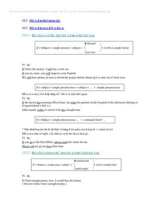 12.1 DiÔ n ® ¹t thêi t−¬ng lai.
12.2 DiÔ n ® ¹t c© u ® iÒ u kiÖ n.
12.2.1 §iÒ u kiÖ n cã thÓ thùc hiÖ n ® −îc ë thêi hiÖ n t¹i.
Will/shall
If + Subject + simple present + subject + + [verb in simple form]
can/ may
VÝ dô:
If I have the money, I will buy a new car.
If you try more, you will improve your English.
We will have plenty of time to finish the project before dinner if it is only ten o’clock now.
If + subject + simple present tense + subject + ... + simple present tense
MÉ u c© u nµy cßn ® −îc dïng ® Ó diÔ n t¶ mét thãi quen.
VÝ dô:
If the doctor has morning office hours, he visits his patients in the hospital in the afternoon (kh«ng cã
® éng tõ khuyÕ t thiÕ u.)
John usually walks to school if he has enough time.
If + Subject + simple present tense ... + command form* ...
* Nªn nhír»ng mÖ nh lÖ nh thøc ë d¹ng ® ¬n gi¶n cña ® éng tõ. ( simple form)
MÉ u c© u trªn cã nghÜ a lµ nhê ai, ra lÖ nh cho ai lµm g× .
VÝ dô:
If you go to the Post Office, please mail this letter for me.
Please call me if you hear from Jane.
12.2.2 §iÒ u kiÖ n kh«ng thÓ thùc hiÖ n ® −îc ë thêi hiÖ n t¹i.
Would/should
If + Subject + simple past + subject + + verb in simple form
could/ might
VÝ dô:
If I had enough money now, I would buy this house
( but now I don’t have enough money.)
For more material and information, please visit Tai Lieu Du Hoc at www.tailieuduhoc.org
 